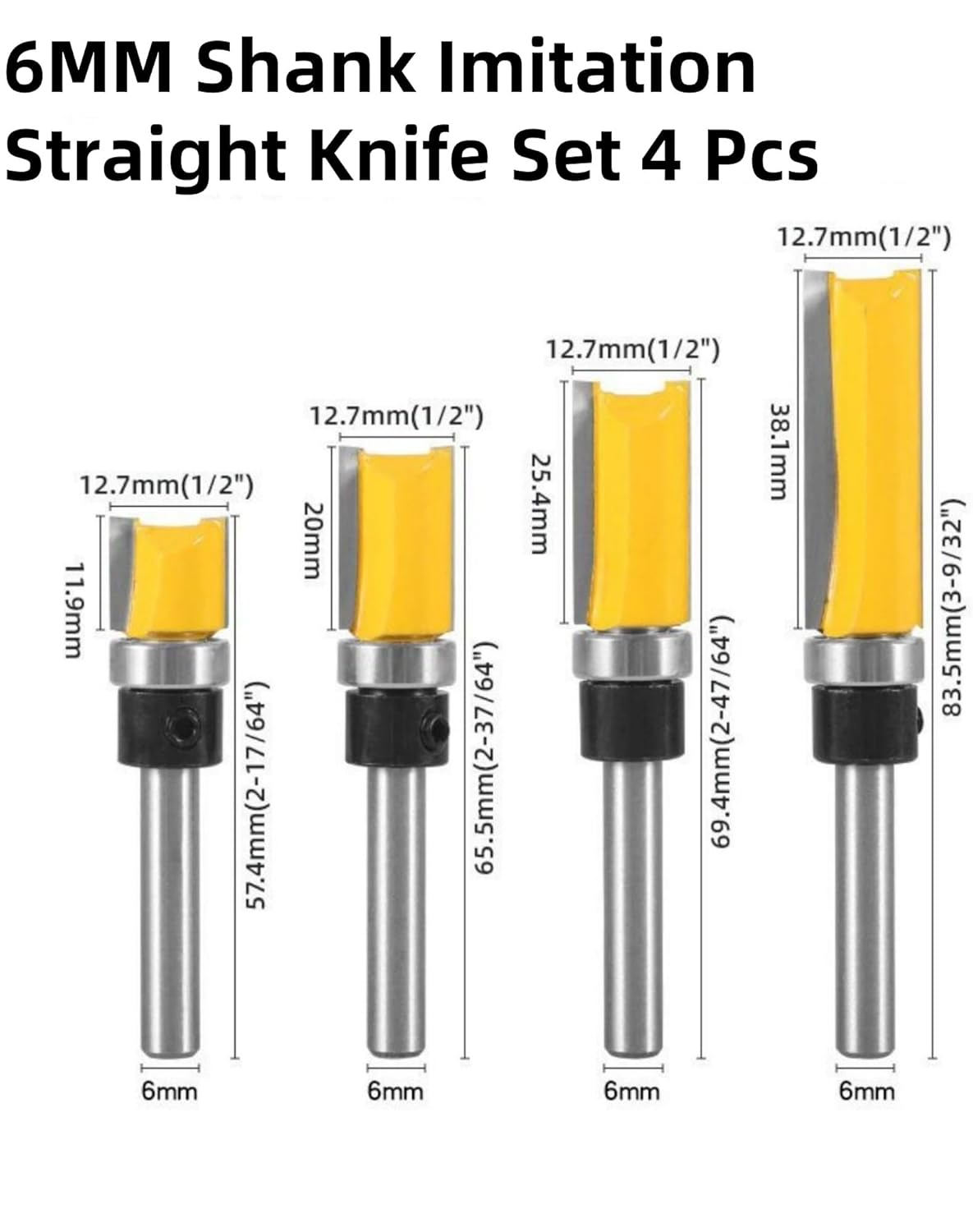 4 Pcs Pattern Flush Trim Router Bit Set 1/4'' Shank,Top Bearing Flush Cut Trim Router Bit for Woodworking Milling Cutter Tool,Cutting Diameter: 1/2", Cutting Length:3/8",3/4",1",1.5"