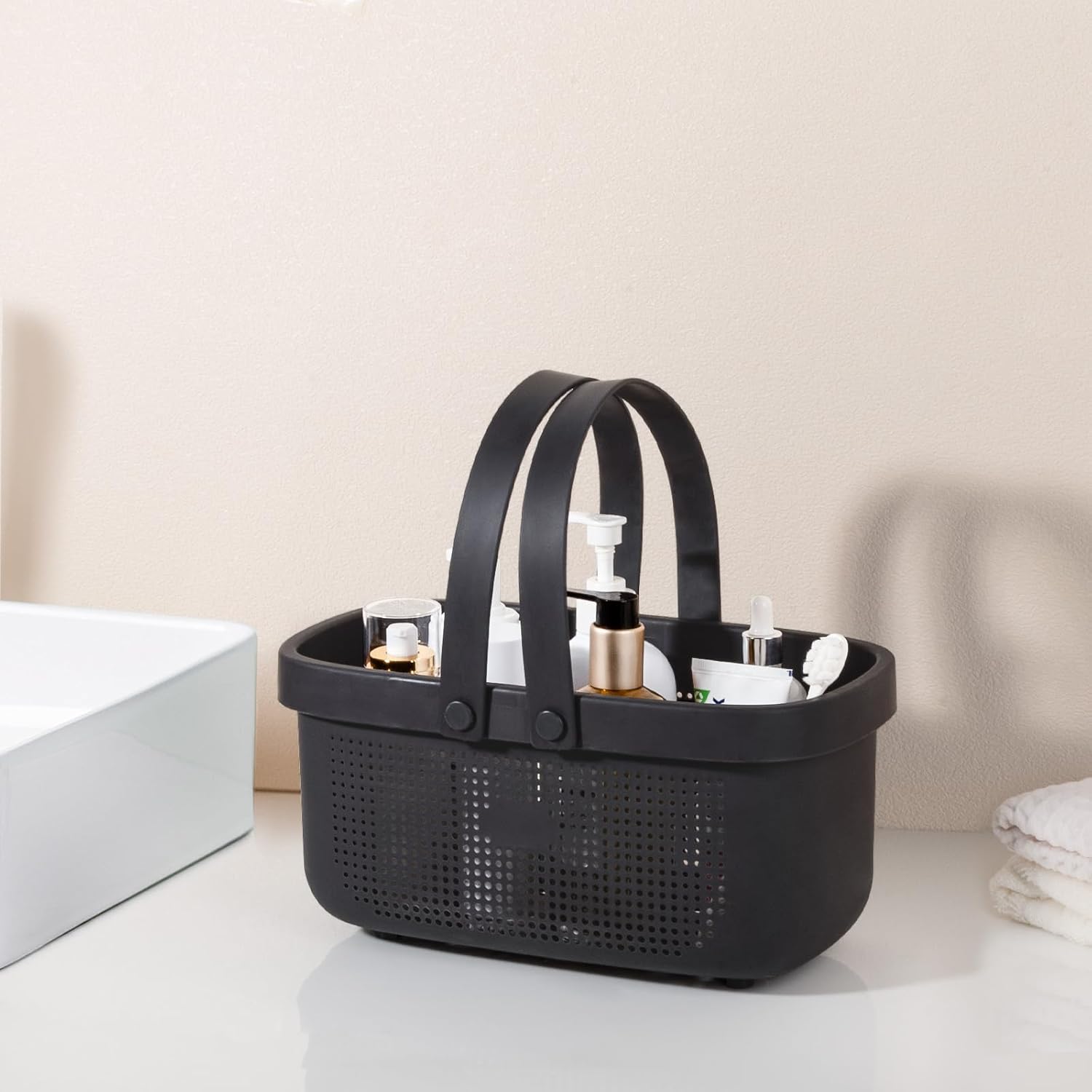 JiatuA Plastic Storage Basket with Handle Portable Shower Caddy Tote Organizer Basket Bin for Bathroom Kitchen Dorm Room Bedroom, Black Black Large