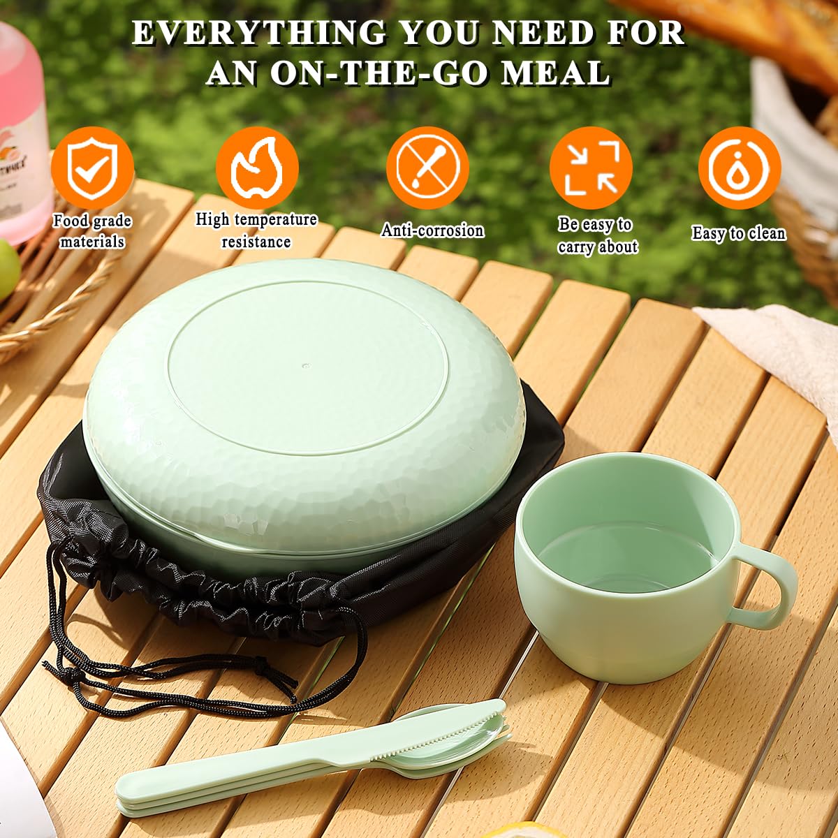 Set De Vaisselle De Camping Pour 4 Personnes - Assiettes, Bols, Tasses, Couverts + Sac De Transport étanche
