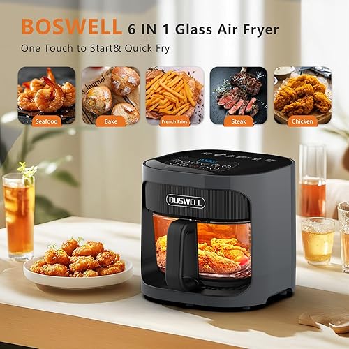 Miniatura 2 de BOSWELL Freidora de aire de vidrio de 4.5 QT, Freidora de aire de 6 EN 1 no tóxica, control de temperatura, panel inteligente de 5 menús
