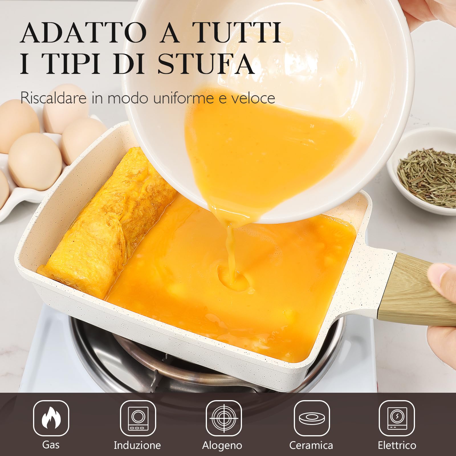 GiPP Padella per frittate antiaderente, padella per colazione a 3/4 fori, frittata giapponese Tamago-yaki, frittata antiaderente in granito, senza PFOS/PFOA (Bianco, tamagoyaki)
