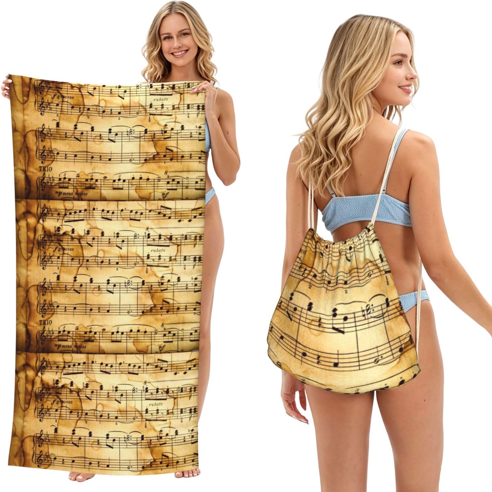 Poadnly As Picture Music Notes, 2 In 1 Packable Towel Bag, Beach Towels With Drawstring Backpack For Travel Holiday Camping