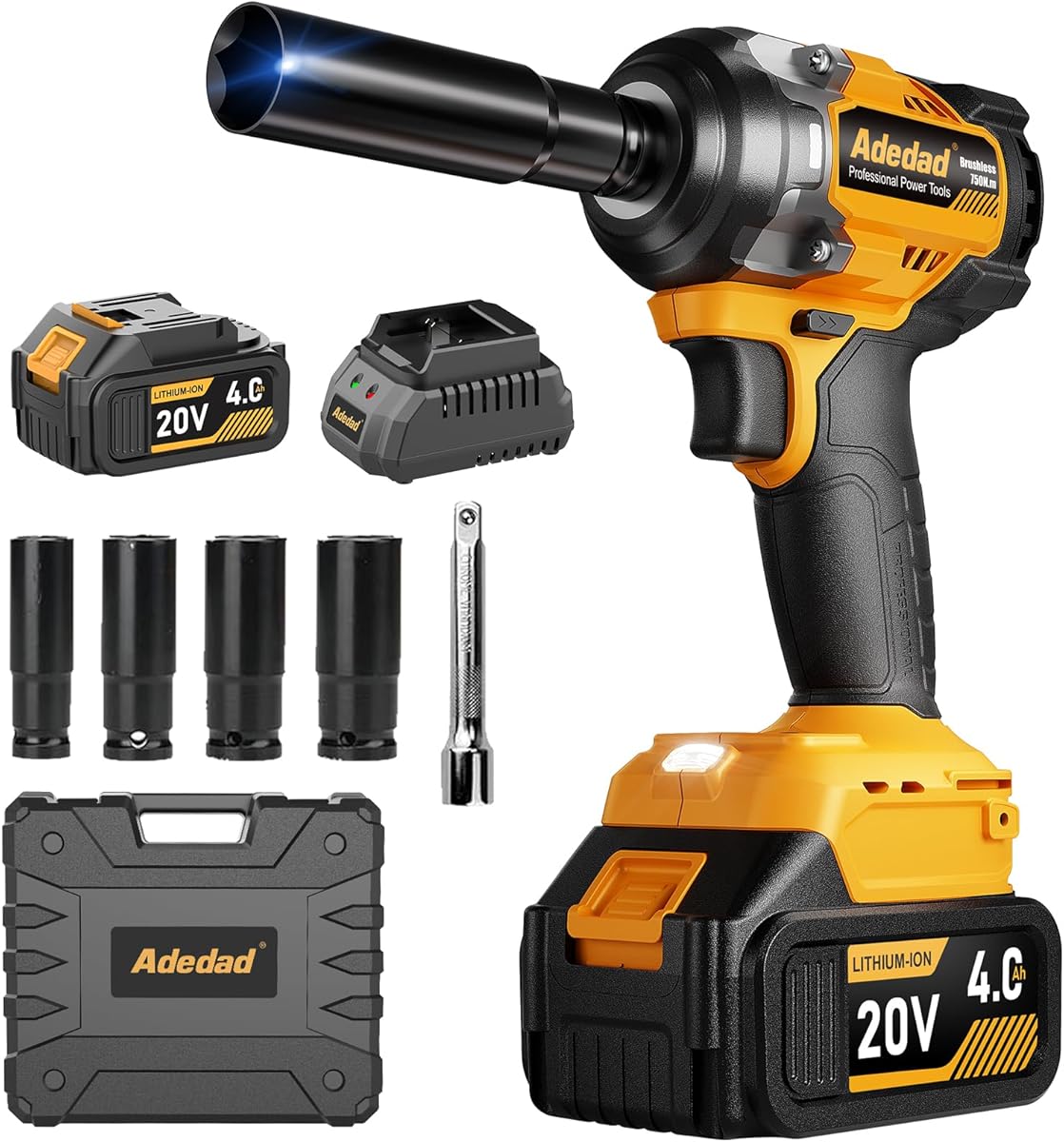 1/2 inch Brushless Impact Wrench 750N.m(553 Ft-lbs) 20V High Torque Impact Gun with 4.0AH Battery and Fast Charger Cordless Impact Driver for Car,Construction,Building,DIY