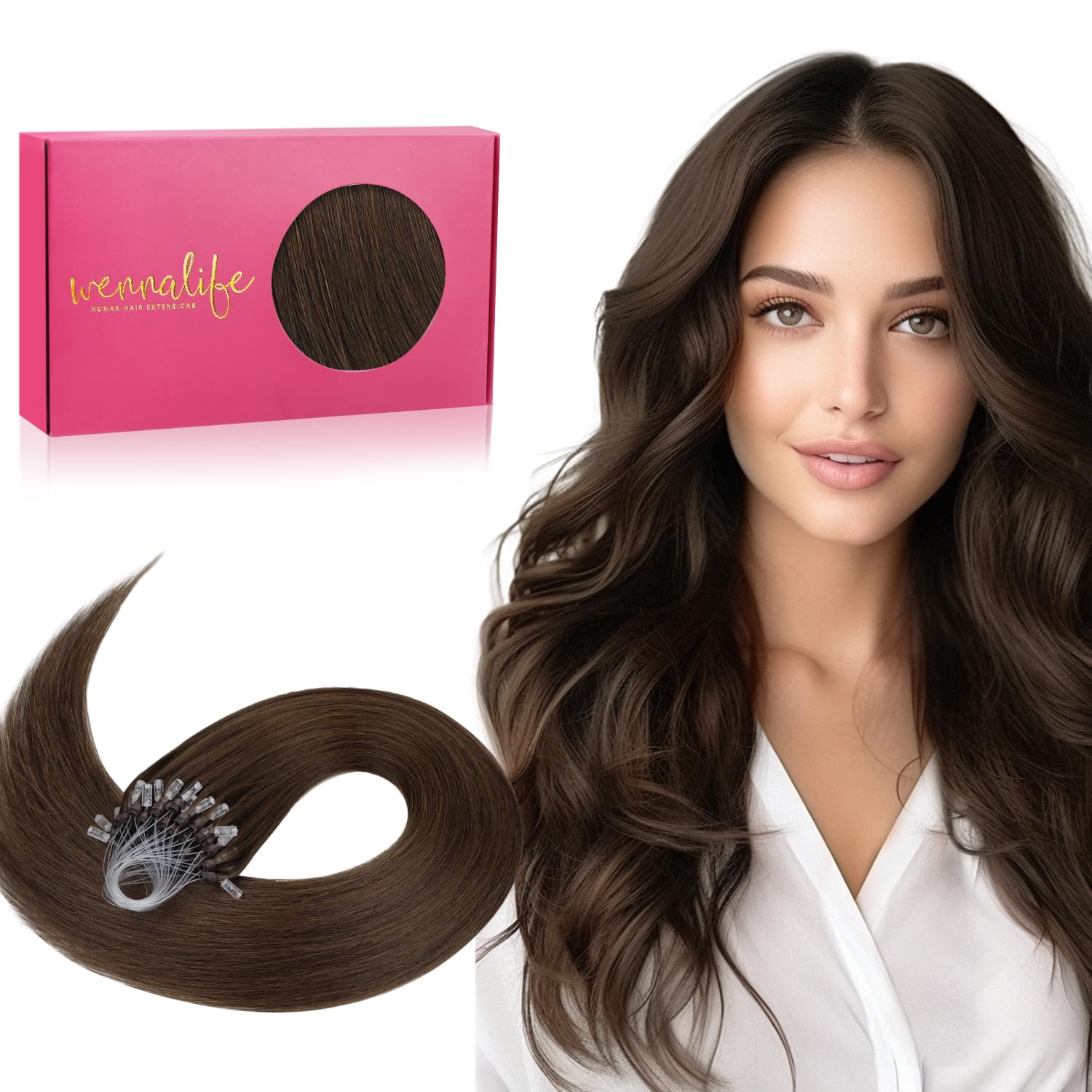 WENNALIFE Microlink Hair Extensions Human Hair, 50g 50s 14 Inch Chocolate Brown Remy Micro Bead Hair Extensions Real Human Hair Micro Link Micro Loop
