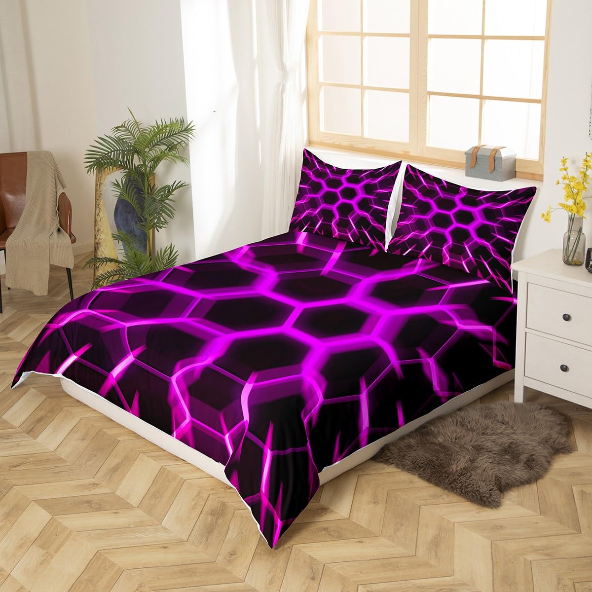 Honeycomb Duvet Cover Black Purple Geometric Hexagonal Pattern Gaming Single Bedding Sets for Girls Kids,3D Hexagon Beehive Comforter Cover Game Room Decor,Glowing Neon Home Decor Bed Set - Image 2