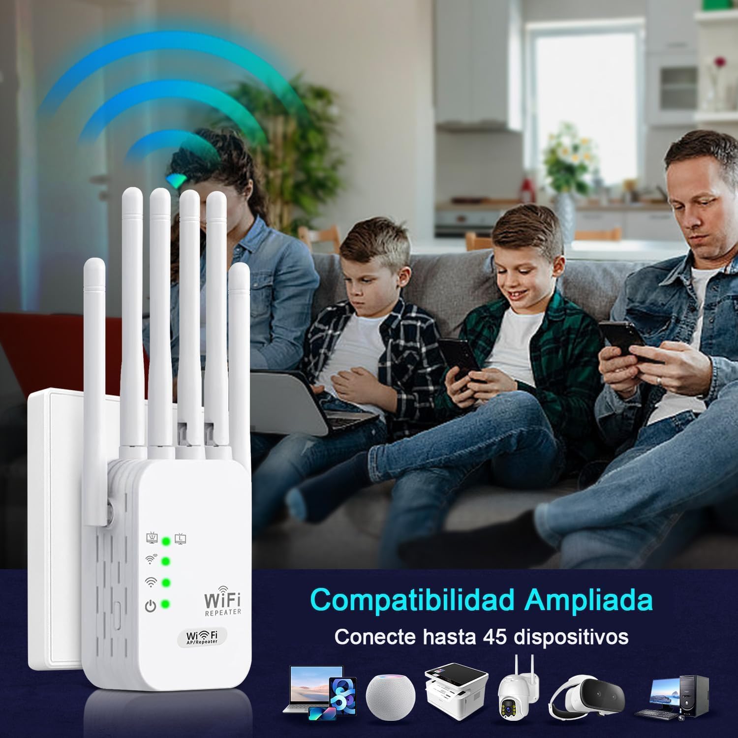 Repetidor WiFi Más Vendido,Amplificador Señal WiFi Potente,6 Antenas Y 2 Puertos LAN,WiFi Extender,Extensor WiFi para El Hogar Y La Oficina, Fácil De Instalar