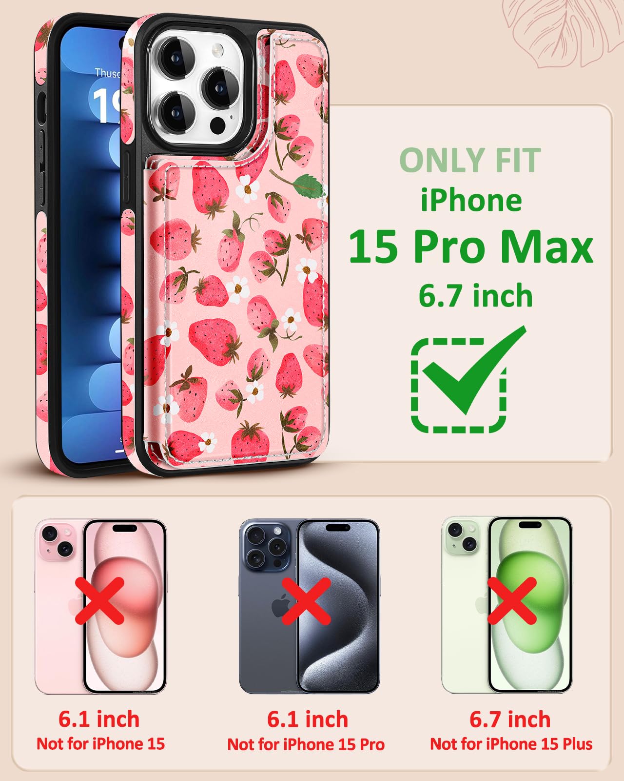 Lotadilo for iPhone 15 Pro Max Wallet Case with Card Holder, Designer Strawberry Pattern Kickstand Magnetic Clasp Back Flip Folio Leather Phone Cases for iPhone 15 Promax for Women Men Girls
