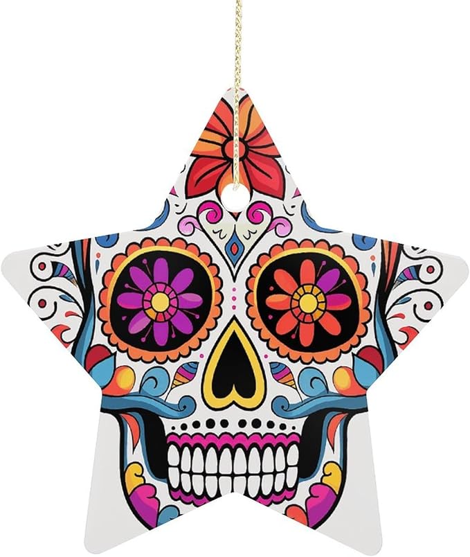 Sugar Skull Christmas Ornament for Christmas Tree Decor Holiday Decorations Xmas Ceramic Decoration Star Shaped Hanging Decorations for Home Xmas Party Decors