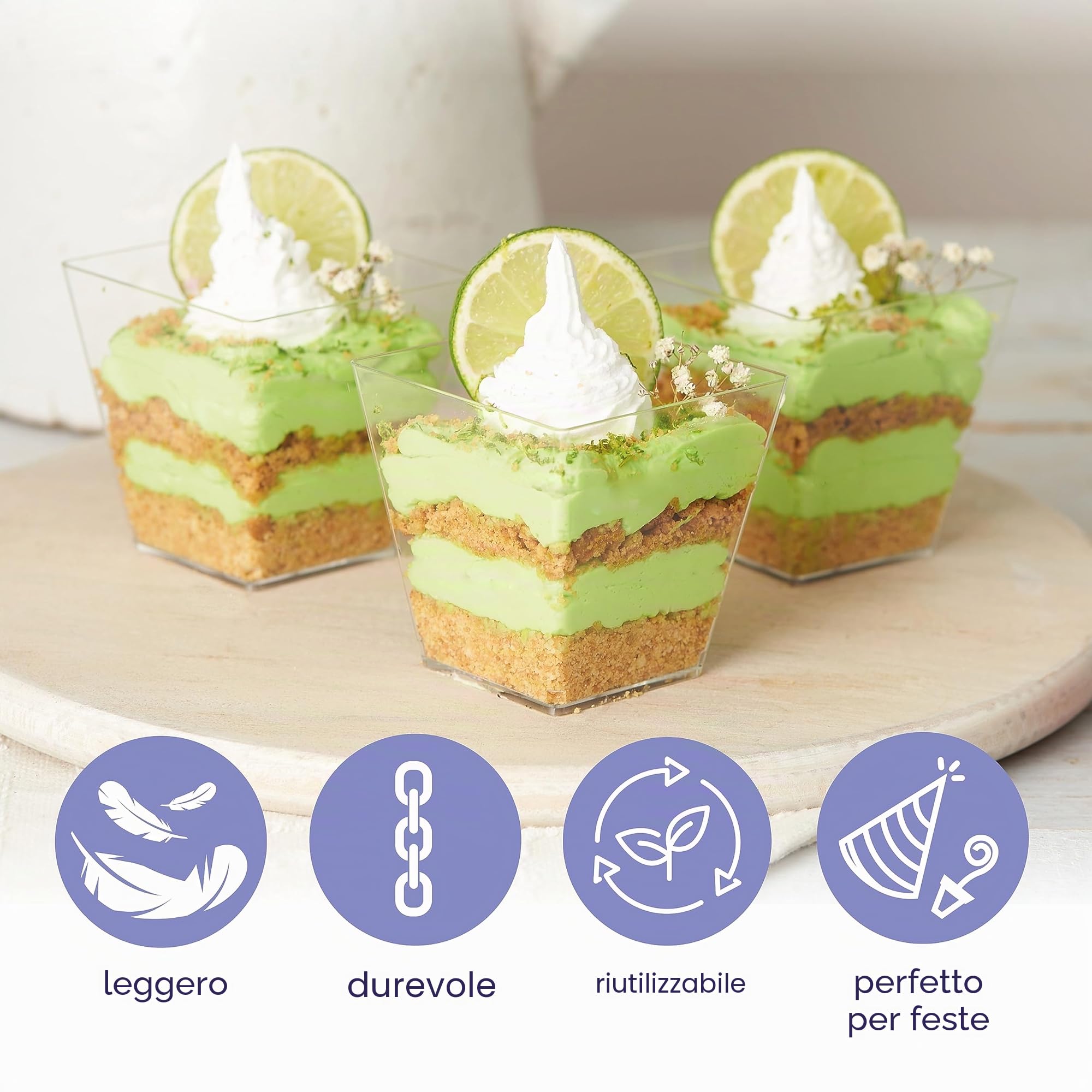 Matana - 48 Bicchieri Monoporzione per Dolci (Quadrati, 225ml) - Coppette per Dessert, Finger Food, Mousse, Budini, Tiramisù - Resistenti e Riutilizzabili - per Feste e Buffet