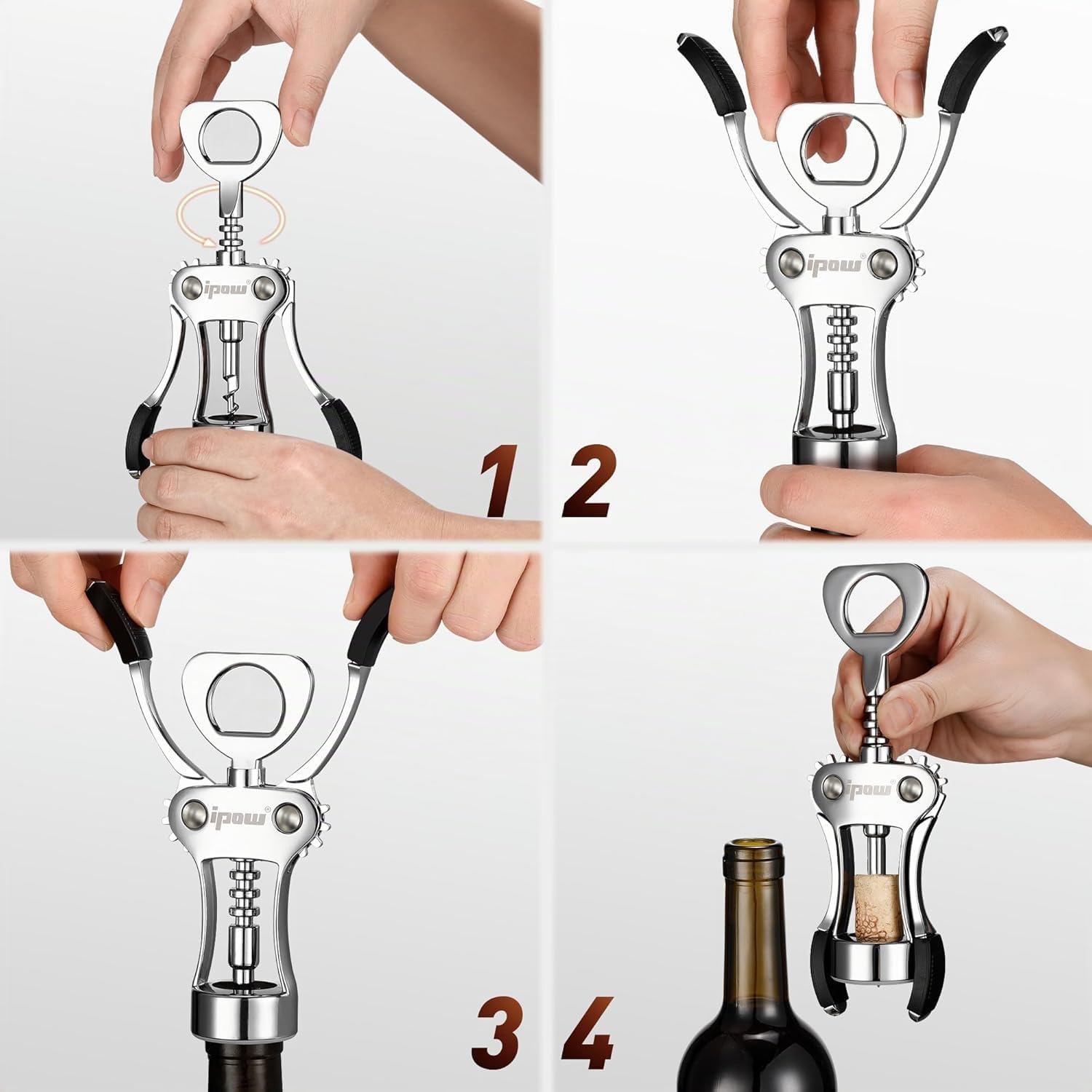 ipow, apribottiglie di vino in lega di zinco, vite ad ali pesanti, vite a sughero multifunzionale manuale per cameriere, argento