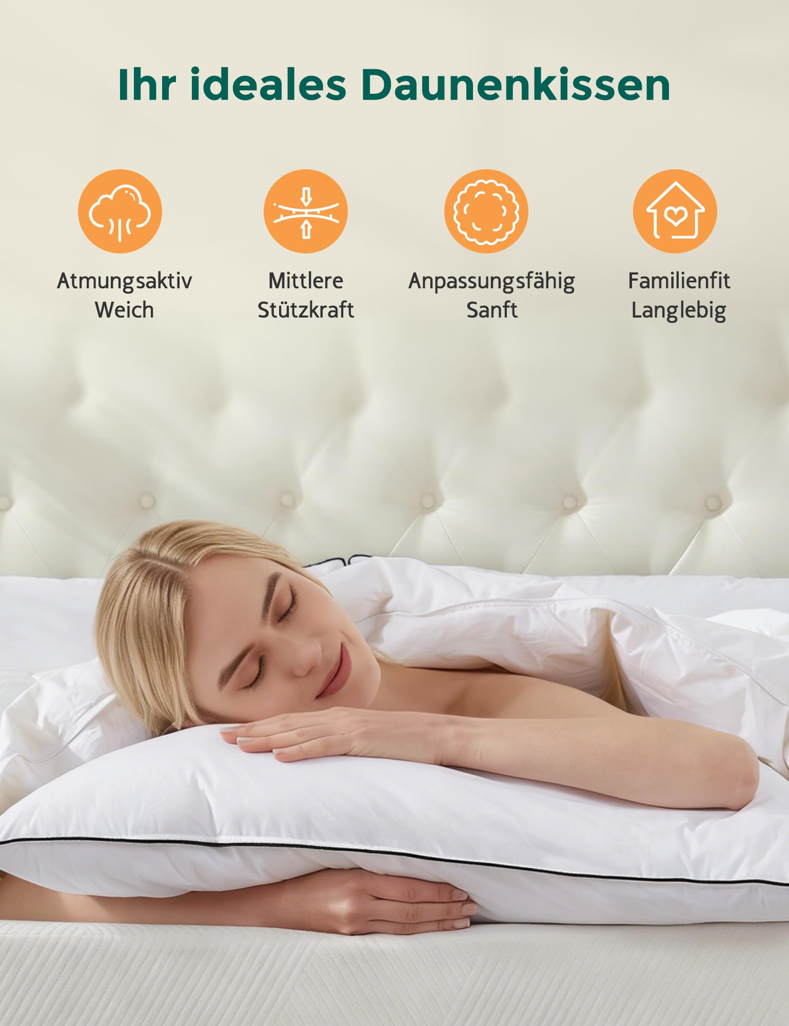 APSMILE Daunenkissen 40x80 Federkissen mit 3 Kammer Füllung - Luxus Daunenkissen zum Schlafen, Kopfkissen 40x80 Daunen Kissen 100% Bio-Baumwollbezug, weich & stützend (Weiß,2er Stück)