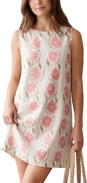 Hixiaohe Womens Summer Floral Mini Dress Sleeveless Fairy Shift Dress Cotton Linen Boho Beach Vacation Short Tank Sundress