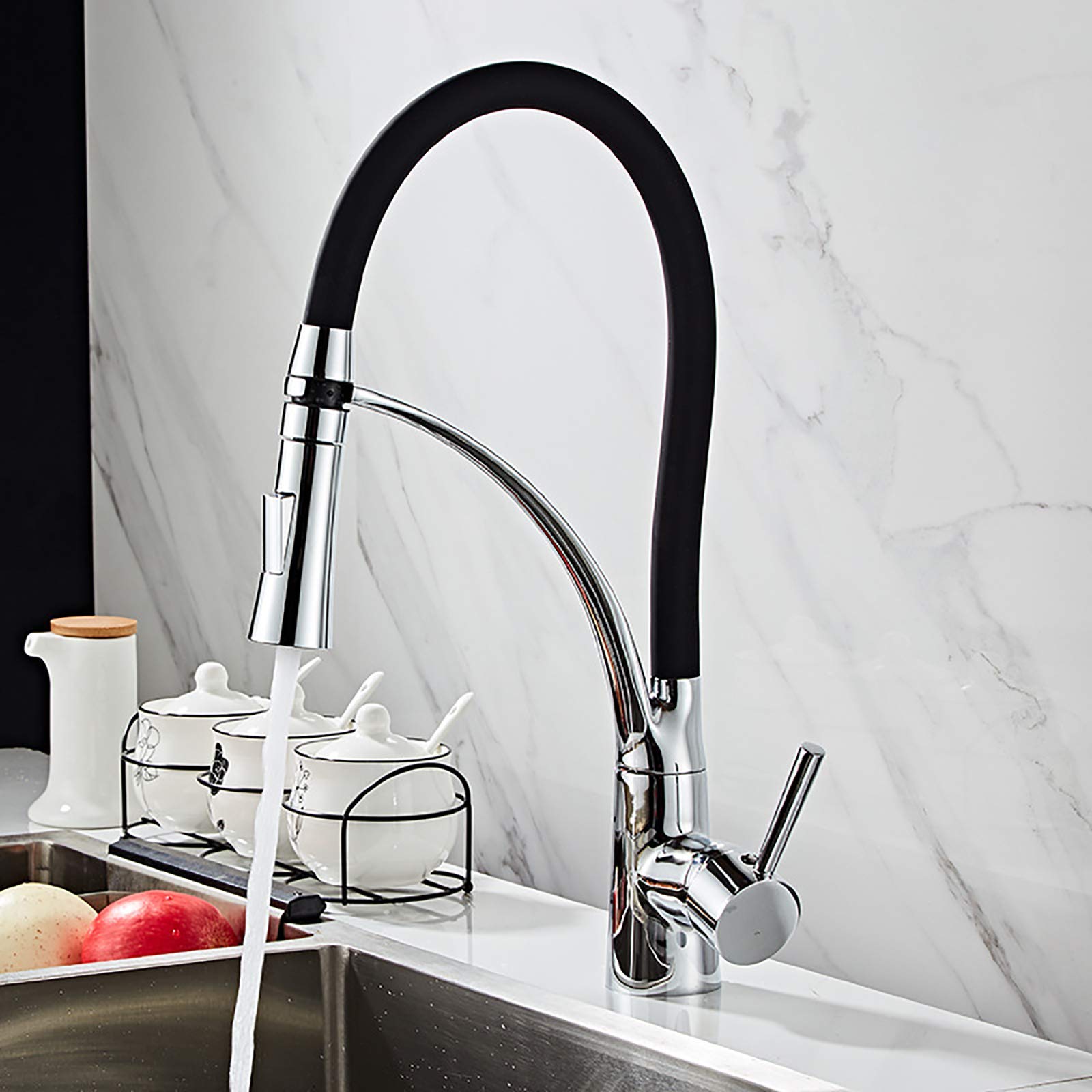 Grifería para Mezclador de Fregadero de Cocina 360 & deg; Grifo Giratorio Aireador Grifo de Ahorro de Agua Rociador abatible de una Sola Palanca con Manguera de Silicona Negra Grif