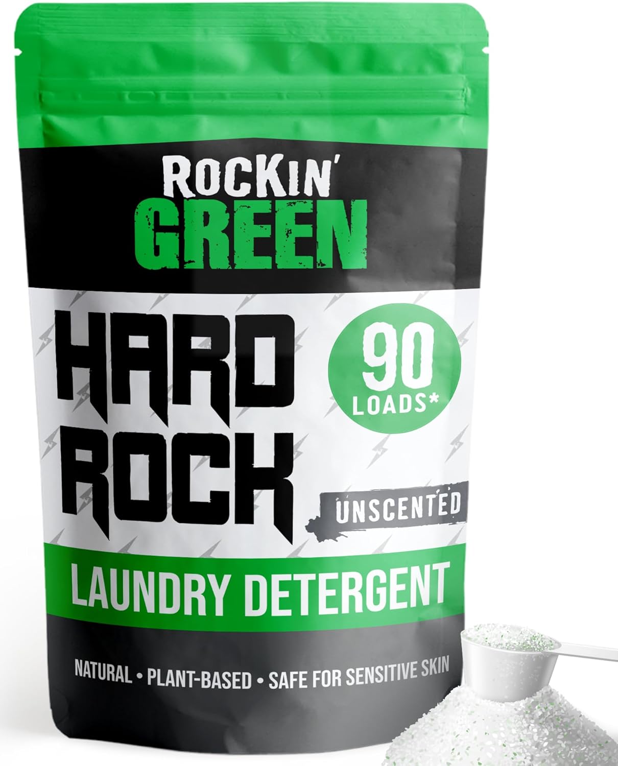 Rockin’ Green Hard Rock Laundry Detergent for Hard Water (90 Loads), Plant based, Natural Laundry Detergent Powder, Biodegradable Odor Fighter, Safe for Sensitive Skin, 45 oz (Unscented)