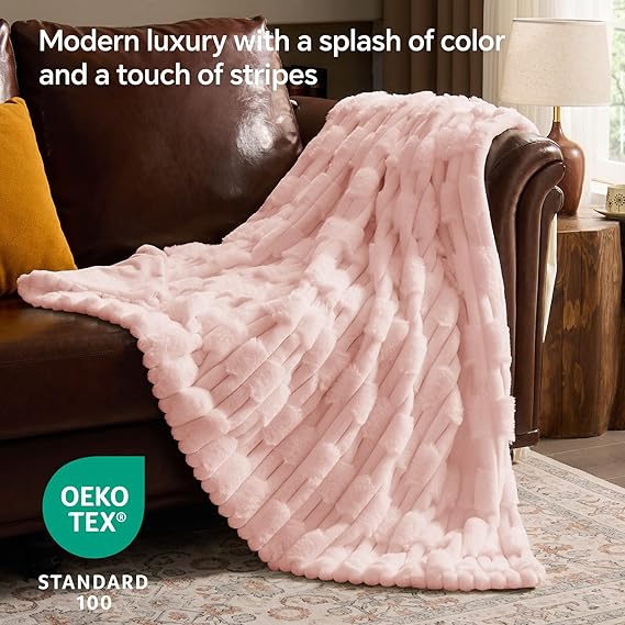 BEDELITE Faux Fur Pink Throw Blanket for Couch - Super Soft & Cozy Plush Striped Blanket for Sofa and Room Decor, Luxury Fluffy All-Season Blankets Gift for Women, Men, Mom, Dad, 50x60 inch, Pink