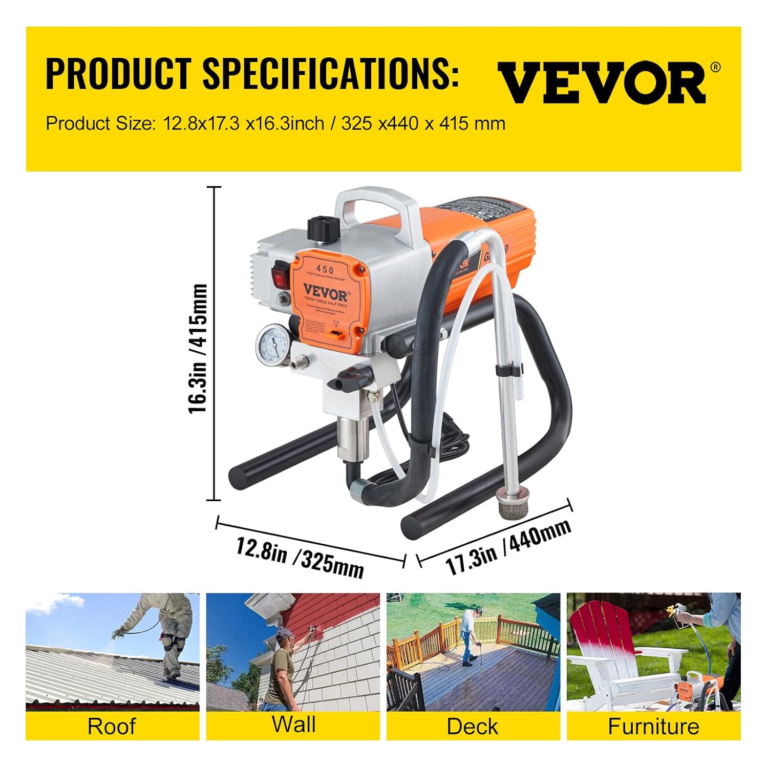Dimensional drawing of the VEVOR Airless Paint Sprayer with measurements in inches and millimeters.