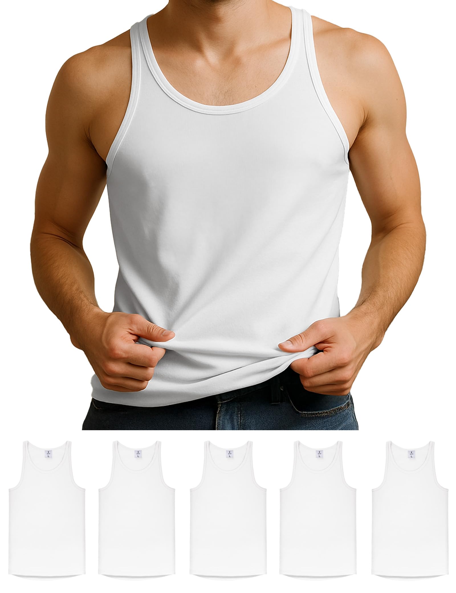 ALPIDEX 5 Pack Men's Undershirt 100% Cotton Sleeveless T-Shirt Singlet Undershirts Classic Sports Vests Tank Top Men, Size:XXL, Colour:White