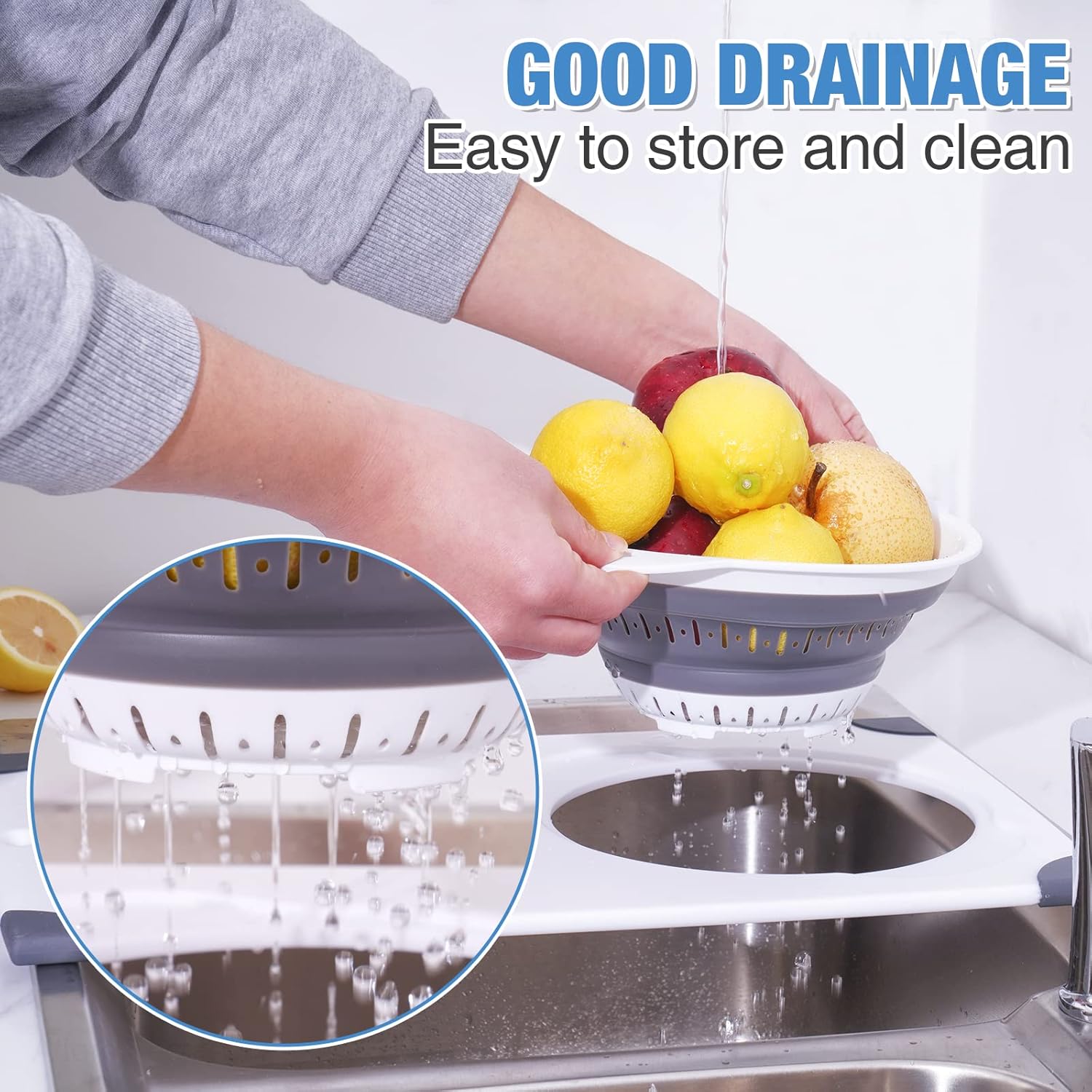 NiHome Over the Sink Cutting Board with Collapsible Colander, 2-In-1 Sink Drainer Board 11"x17.7" Anti-Slip Cutting Board and Detachable Draining Basket with Ergonomic Handle PP Plastic and TPR Rubber - Image 4