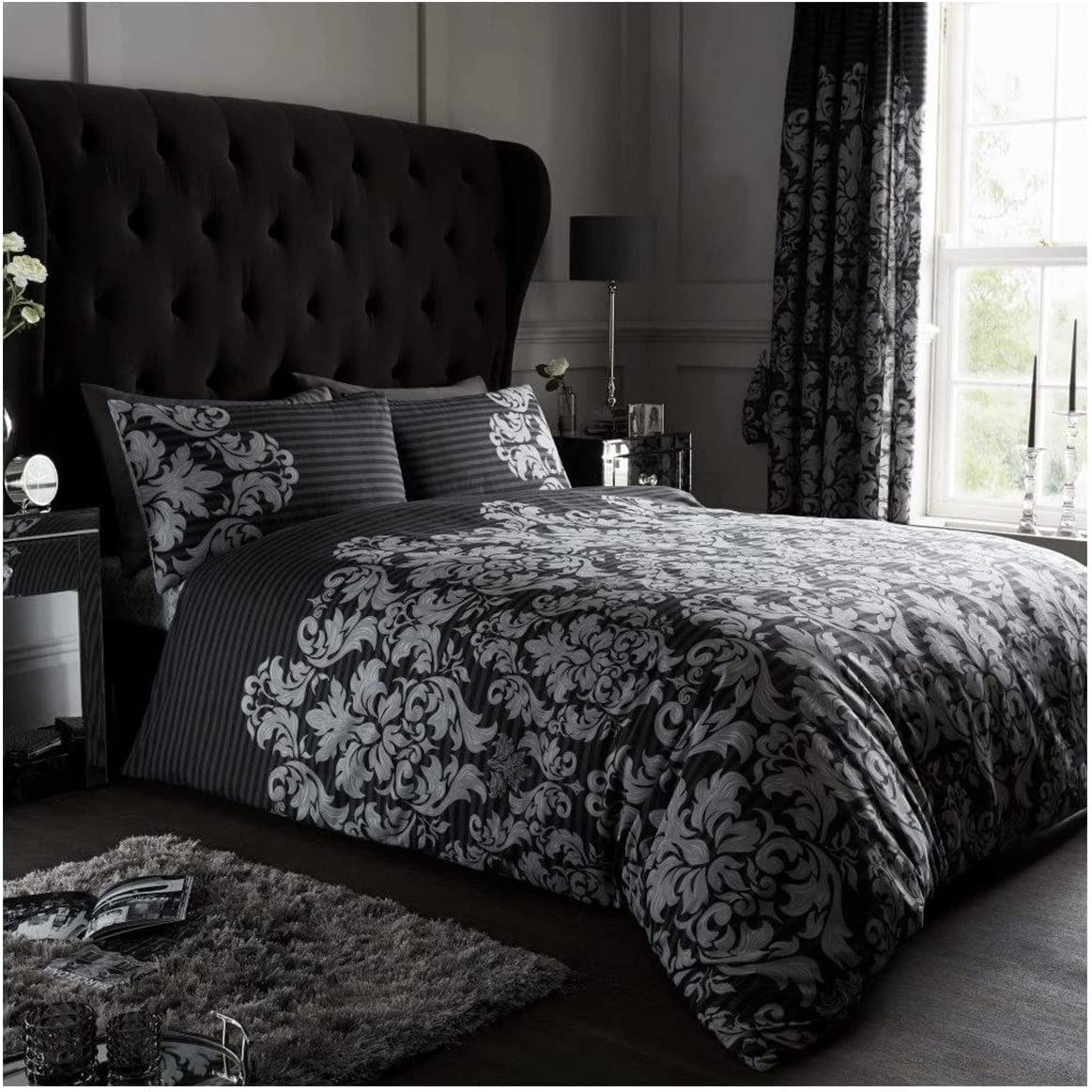 oceanevo® Empire Damask Duvet Covers with Pillowcases Reversible Printed Quilt Cover Soft Luxurious Polycotton Bedding Sets (Black, Double)