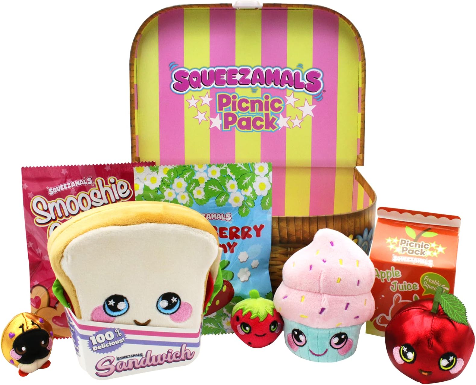Squeezamals Wicker Pattern Plush Picnic Pack- Kids Picnic Set with 5 Food Plushies- Reusable Lunch Box Includes Scented Food Mini Plushies for Toddler Pretend Play, Multi-Color (SQ01062)