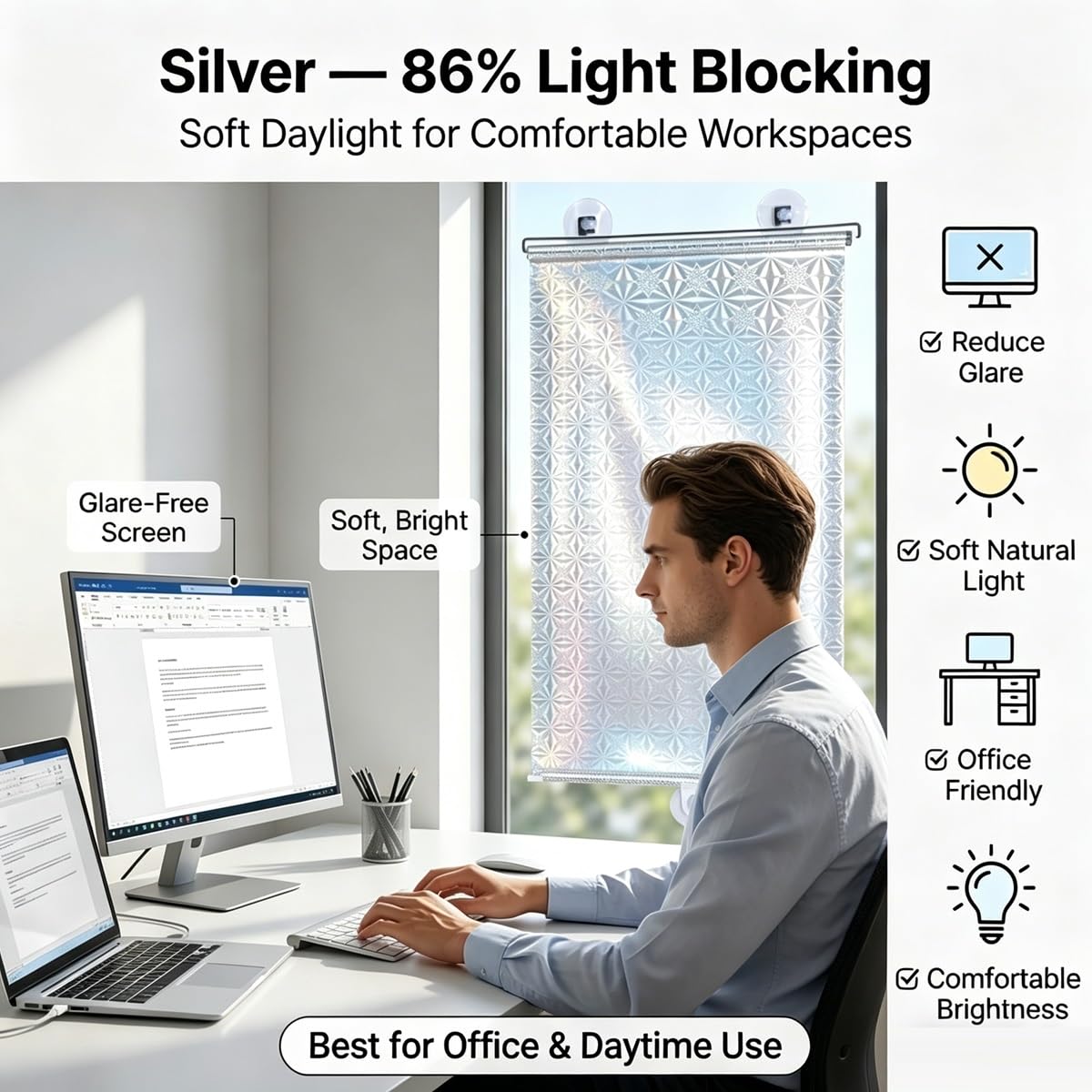 Store Enrouleur sans Perçage, Store Enrouleur à Ventouse Occultant, Tissu Thermique Anti-UV, Rideau de Protection Solaire Amovible pour Salon et Chambre(Argent,W:75xH:165 cm (30x65 in),)