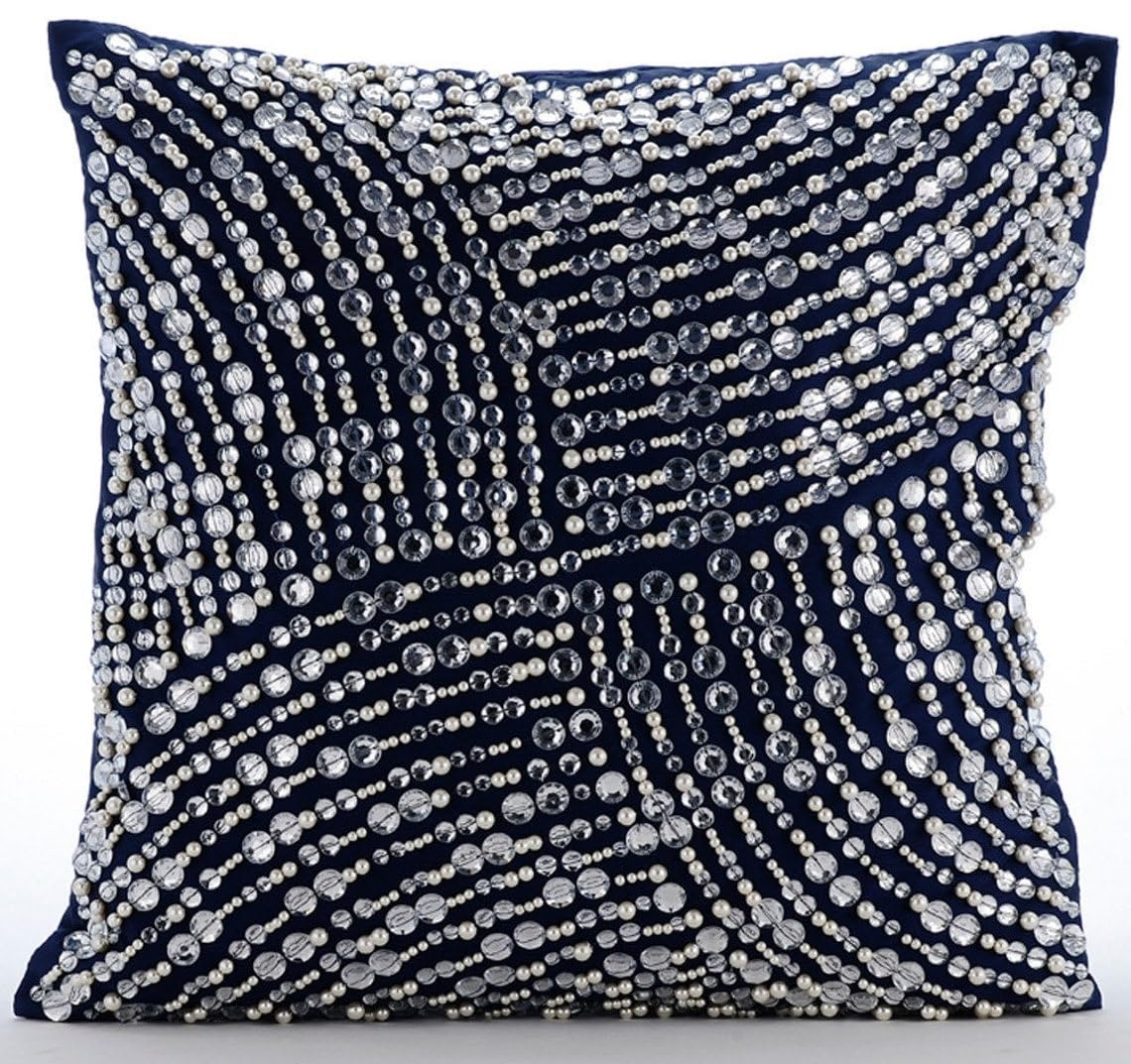 The HomeCentric Navy Blue Cushions Cover 35x35 cm (14x14 inch), Sequins and Crystals Sparkly Glitter Bling Silk Cushions Cover, Square Throw Taffeta Cushions Cover - Crystals N Pearls Jam โ image 1
