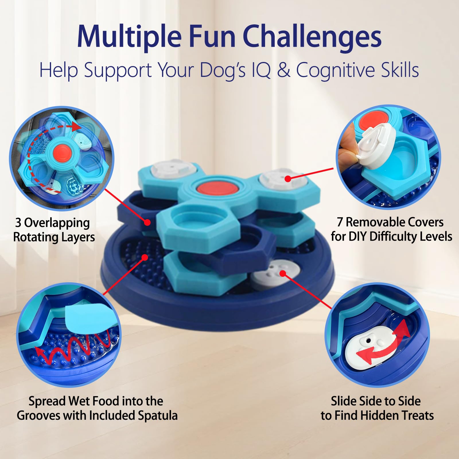 Ciotola per cani a rompicapo Slow Feeder, mangiatoia interattiva rotante a 4 strati con 7 coperchi rimovibili, spatola in silicone e base antiscivolo, blu