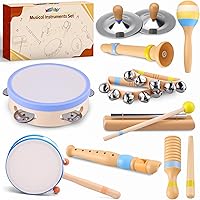Montessori Wooden Musical Instruments for Toddlers 1-3: Drum, Flute, Clarinet, Bells, Cymbals Set - Educational Toys & Gifts for Boys Girls
