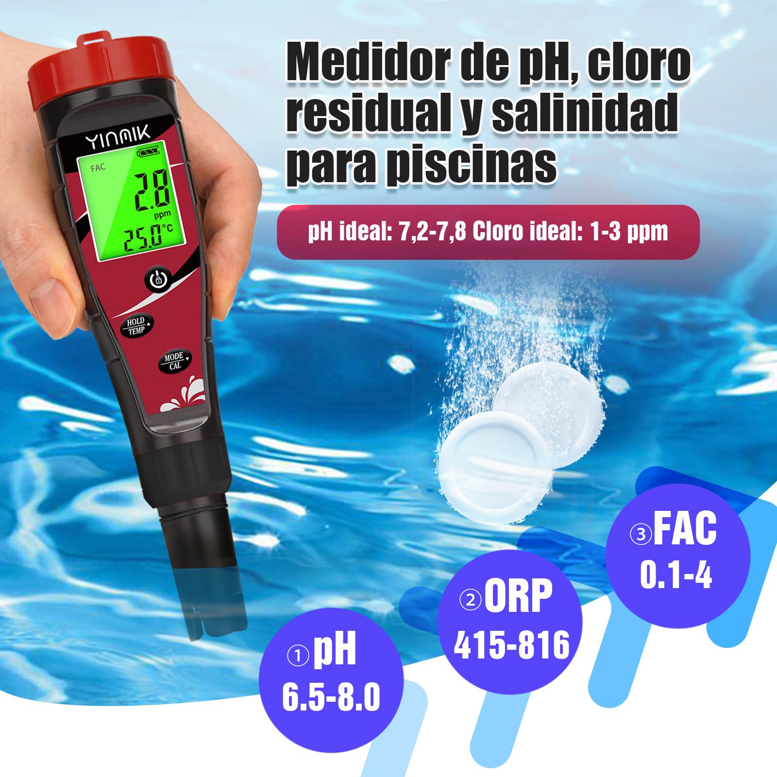 YINMIK Medidor de pH y Cloro salino para Piscinas, 7 en 1, Profesional, para Piscinas de Agua Salada, electrónico, pH y EC TDS para acuarios hidropónicos.