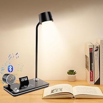 SHOPOBOX Multipurpose 4-in-1 Desk Lamps for Home Office, Wireless Charger Small Desk Lamp with Bluetooth Speaker Clock,Touch Lamps for nightstand, Reading Night Light with Clock,Desk Lamp