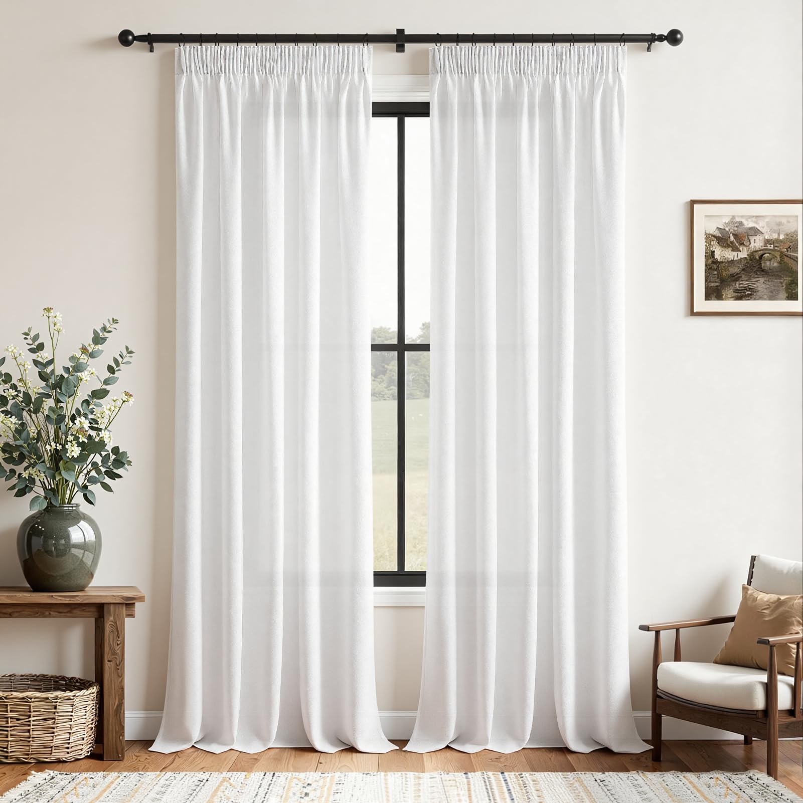 CUTEWIND Weiße Gardinen Leinen Gardinen Schlafzimmer Landhaus Gardine 2er Set 245 cm Höhe 140 cm Breite, Vorhang Leinenoptik Weiß Halbtransparent mit Kräuselband Schiene Wohnzimmer Fenster