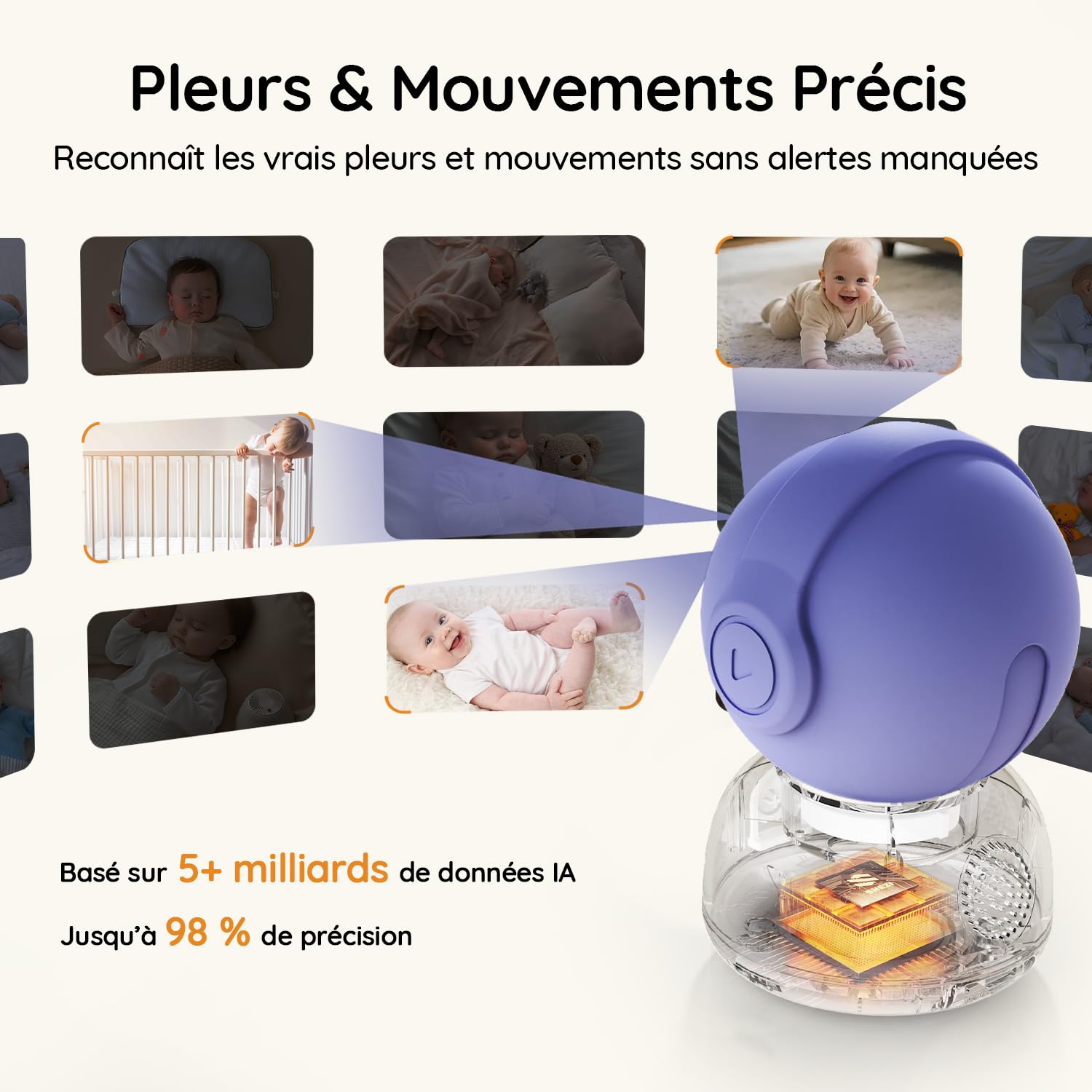 BOIFUN Smart Babyphone Camera 5" 2K, Connecté Via WiFi ou Mode Local, Vision Nocturne sans Lumière Visible, Détection & Alerte Pleurs/Mouvements/Température/Humidité, Suivi Auto 360°, Autonomie 17h
