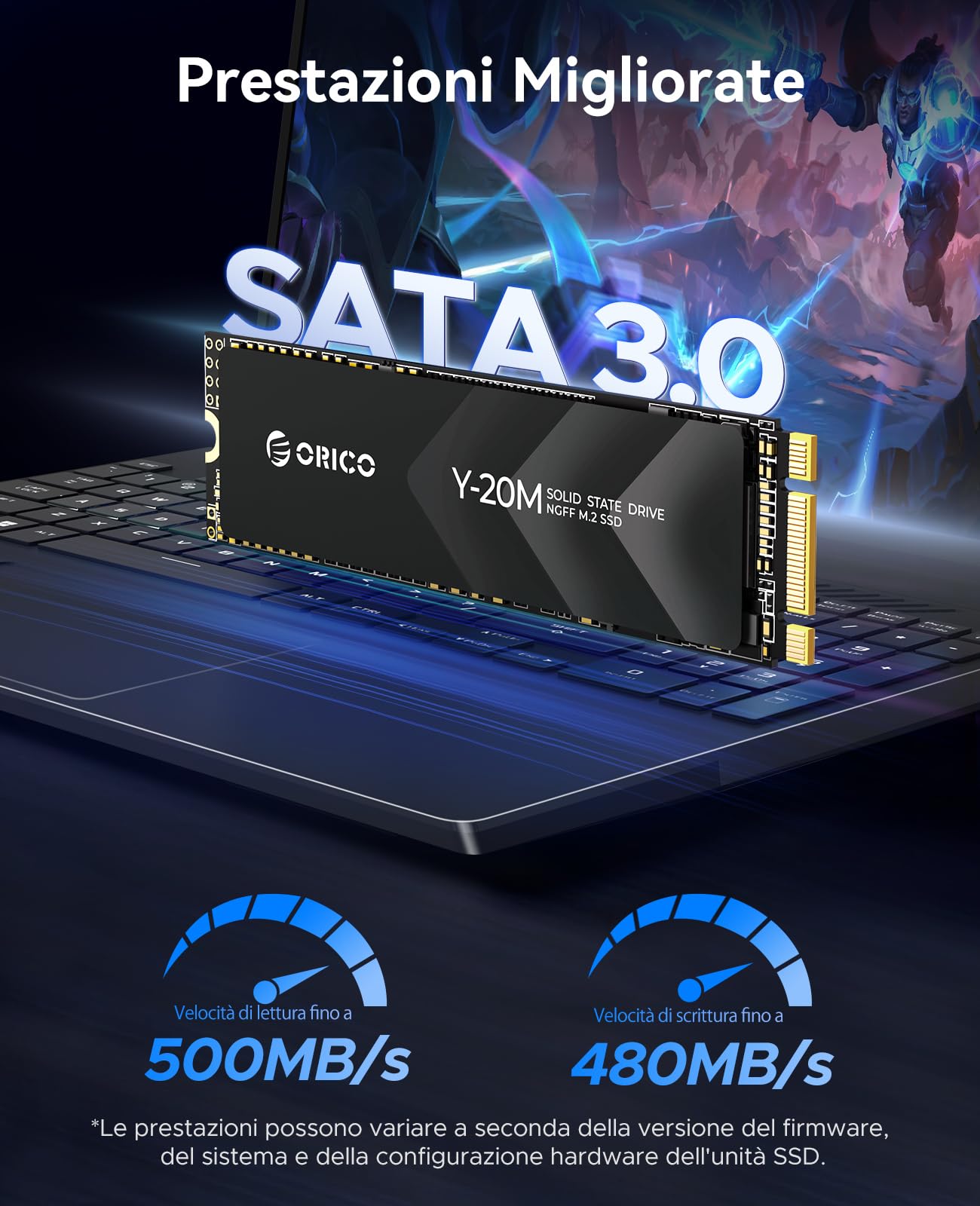 ORICO 512GB M.2 2280 SATA SSD, SATA III 6Gbps SSD M2 con Chiave B+M, 500 MB/s Unità a Stato Solido Interna per Desktop/Portatili - Y20M