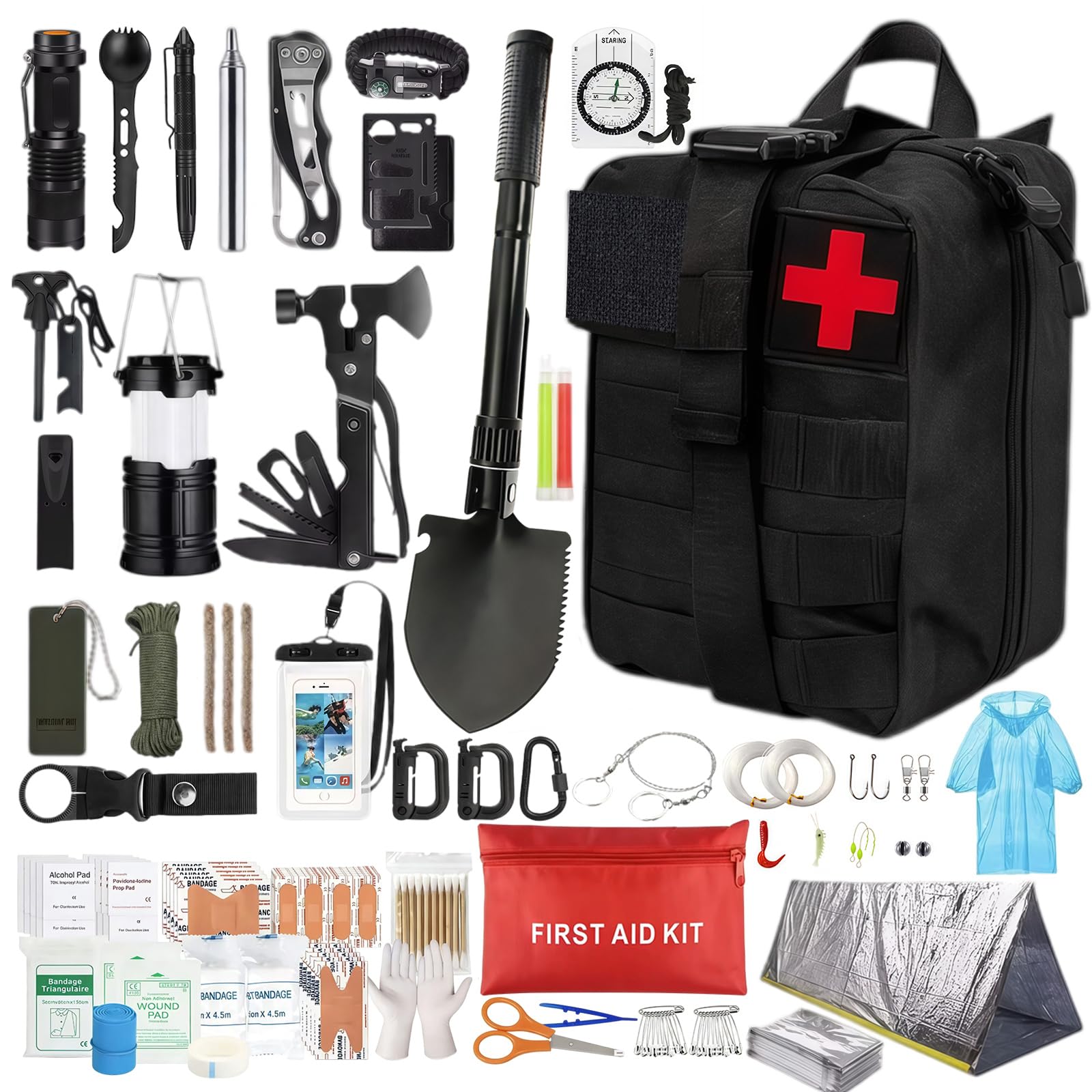 Außen Notfall Survival Kit, 43 in 1 Notfall Survival Ausrüstung mit Erste Hilfe Set, Multi-Tool Axt, Kompass, Notfallrucksack für Männer Camping Bergsteigen Wandern Abenteuer im Freien