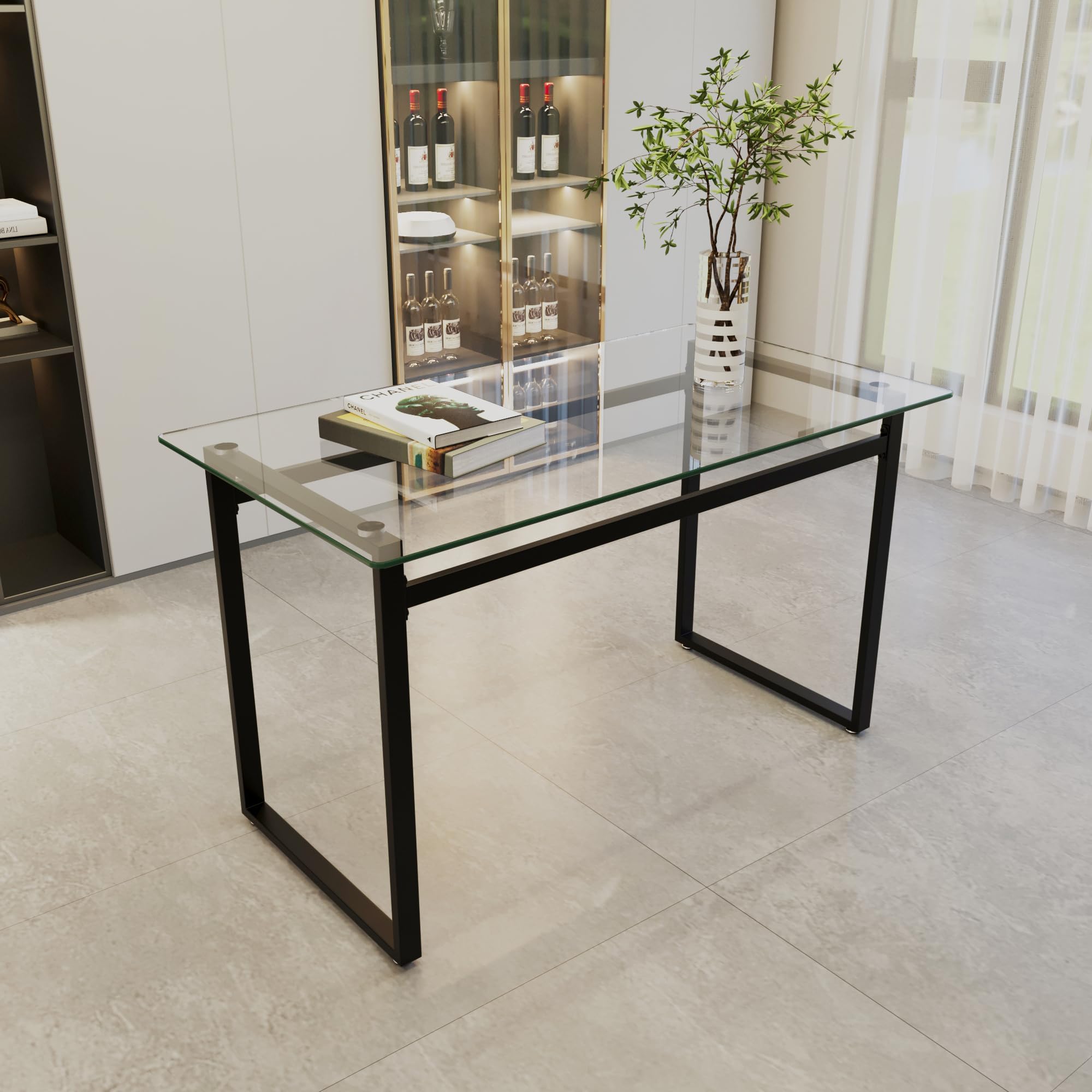 Glass Dining Table, 51'' Rectangle Dining Room Table,Modern Glass Kitchen Table with Tempered Glass Tabletop and Metal Leg,Dining Table for 4 Suitable