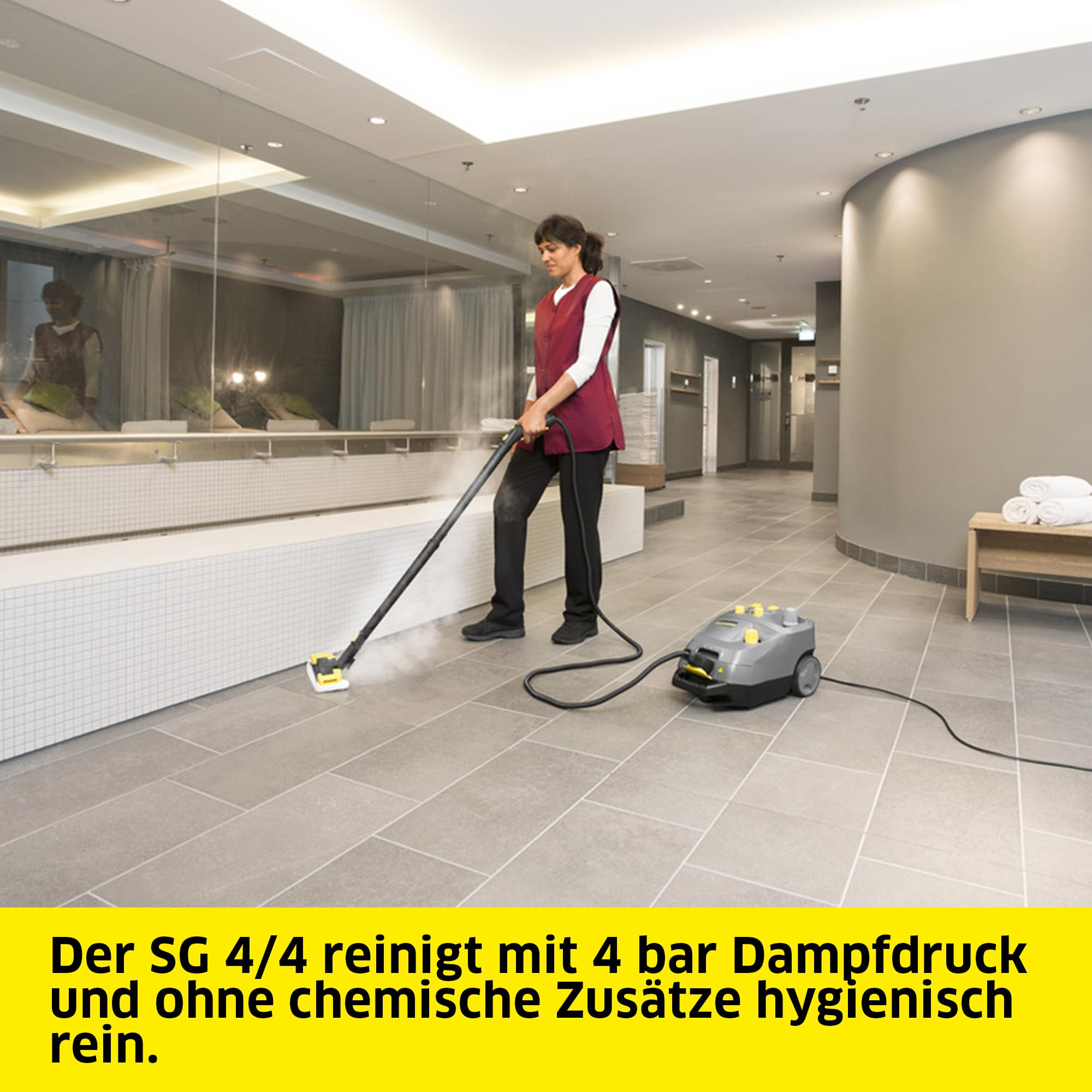 Kärcher Dampfreiniger SG 4/4, Dampfdruck: 4 bar, Tank: 2,4 l Kesselinhalt + 2,0 l Tank, Handdüse mit Bürste, 2 Dampfrohre, 2,0 m Dampfschlauch, 2 Bodendüsen, Frottee-Überzug, Aufsätze für Handdüse