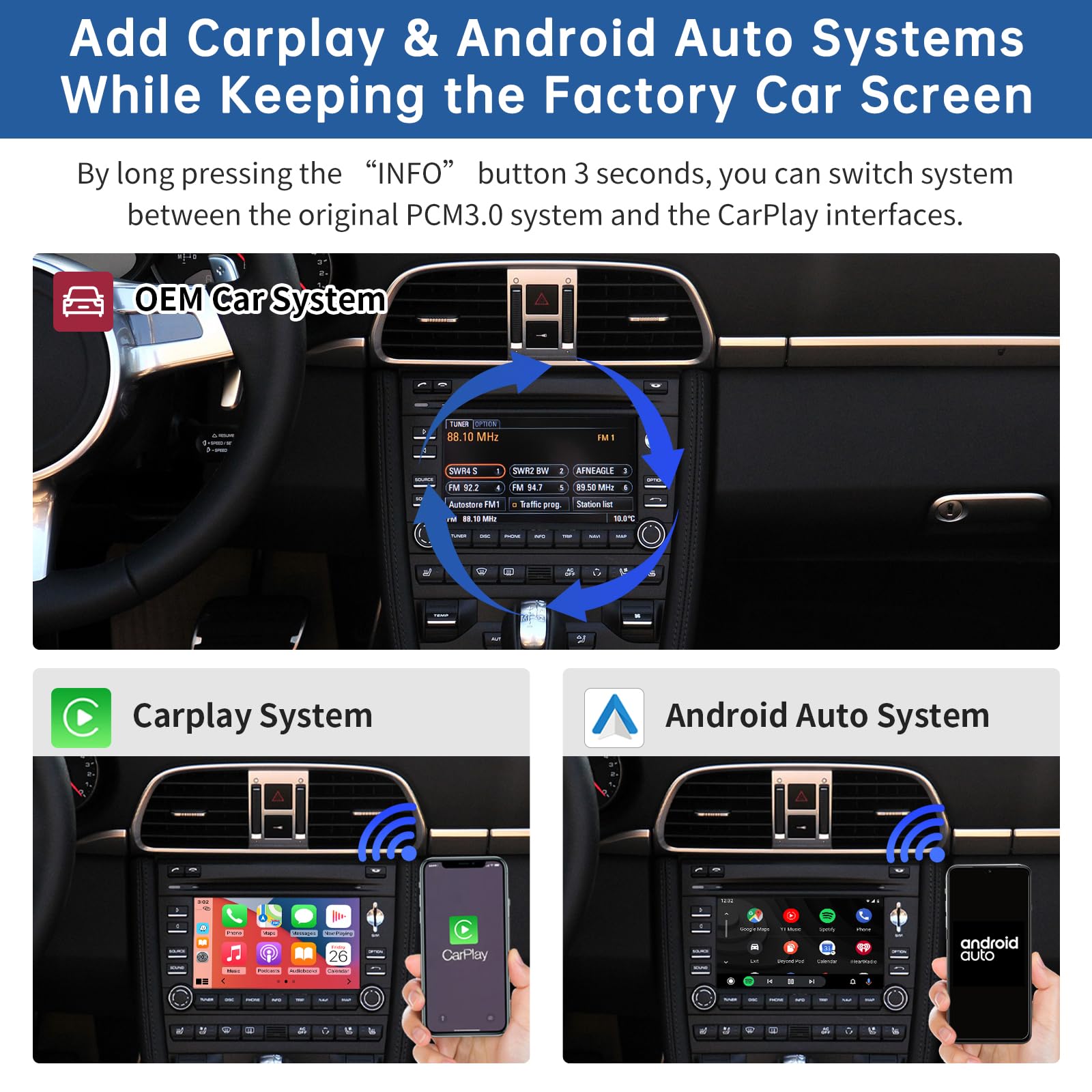Road Top sans Fil Carplay Android Auto pour Porsche avec PCM 3.0