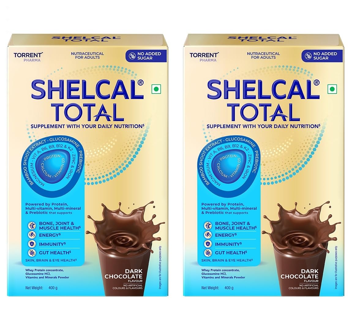 Shelcal Total - Powered by Protein, Multi-Vitamin, Multi-Mineral & Prebiotic supports Bone, Joint & Muscle, Immunity, Gut Health, No Added Sugar (Dark Chocolate) 400g - By Torrent Pharma, Pack of 2