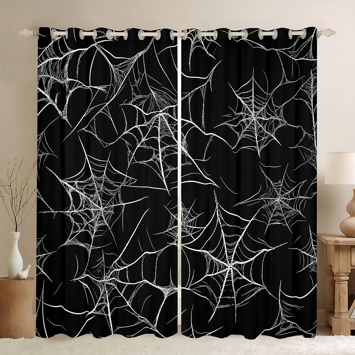 Homemissing Cobweb Kids Darkening Drapes for Bedroom Black Cobweb 30%-50% Blackout Curtains for Boys Girls Halloween Window Curtains Black White Living Room Window Treatments (2 Panels,W46*L54)