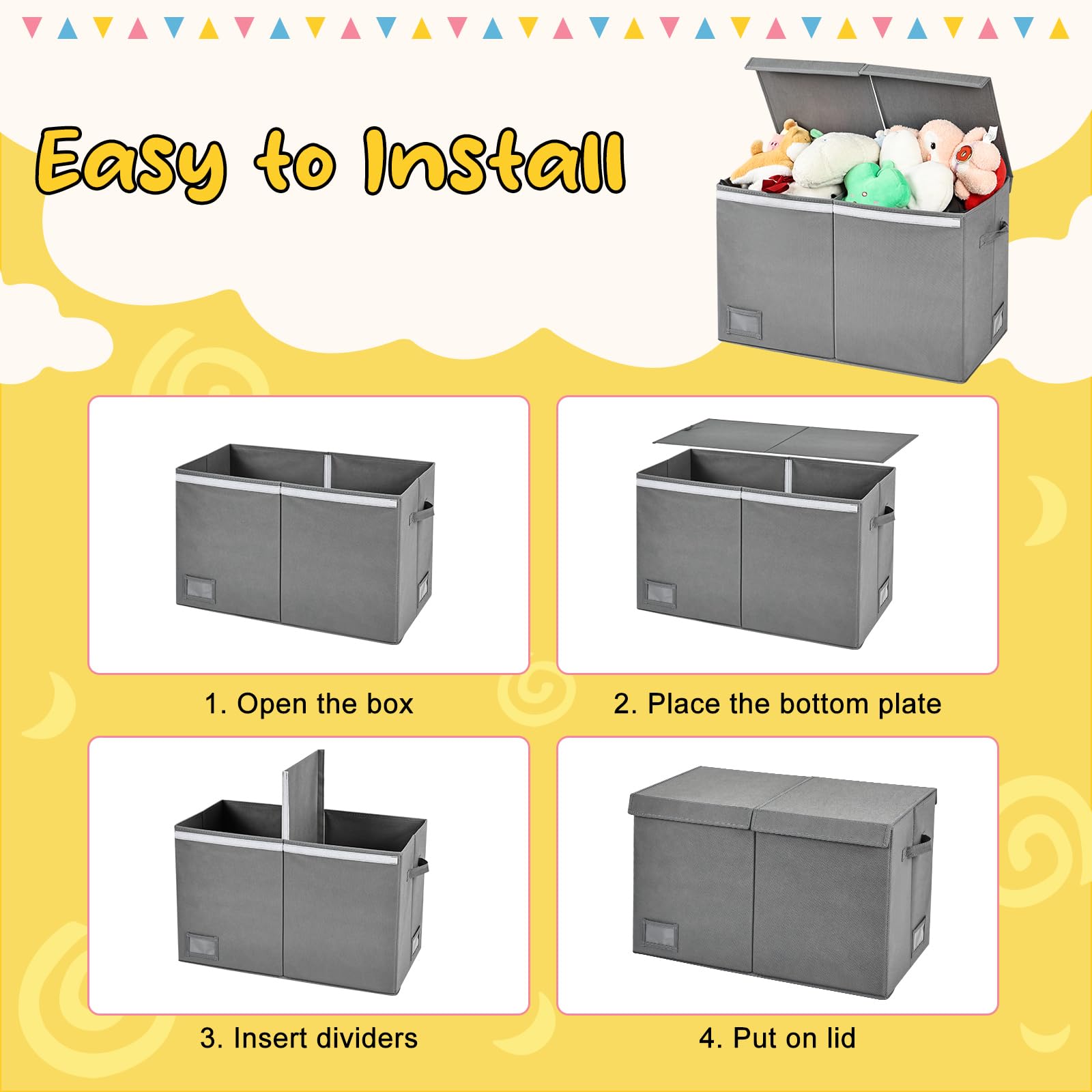 HEYCOOK Toys Storage Organiser, 72L Soft Toy Storage Box Large, Kids' Toy Chests & Boxes, Childrens Toy Storage Box with Lid (Grey) - Image 3