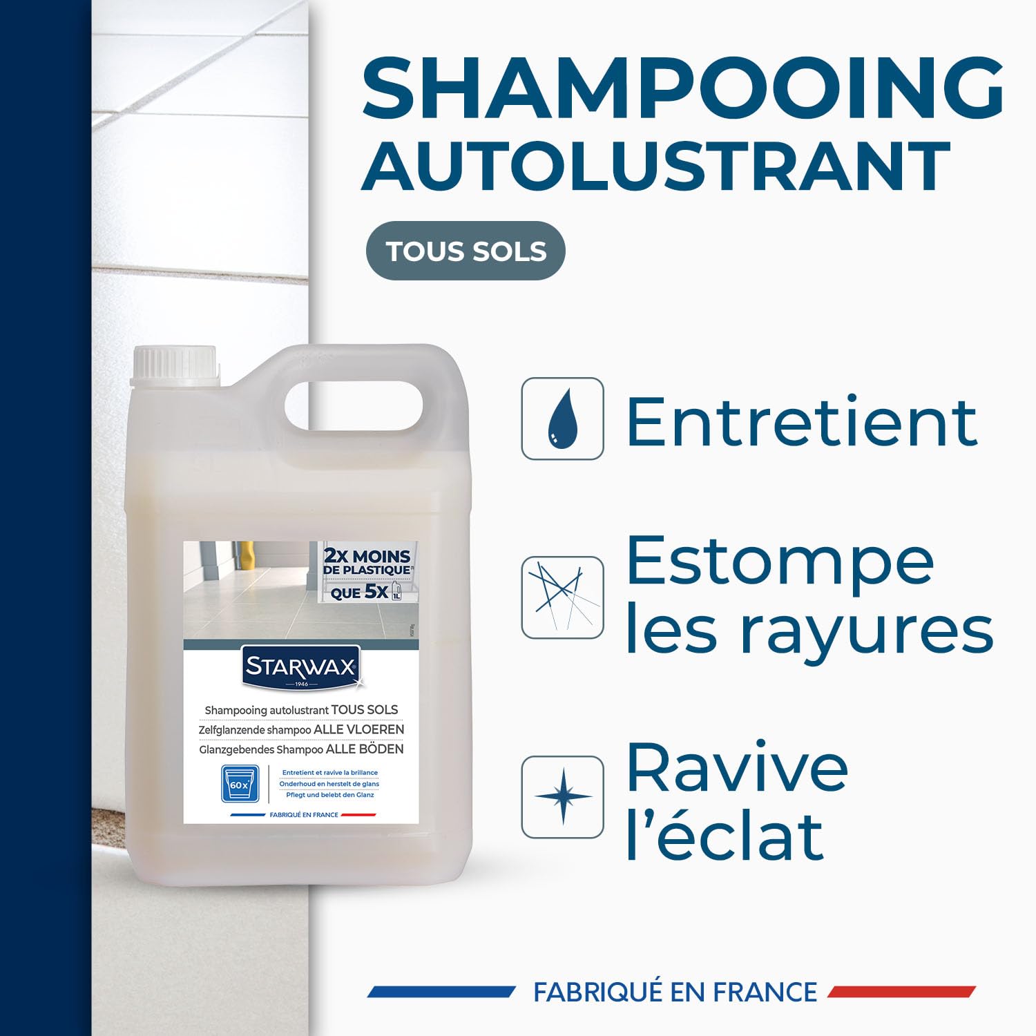STARWAX Shampooing autolustrant pour sols intérieurs 5L | Nettoie et fait briller carrelage parquet PVC stratifié et béton ciré, sans rinçage, non glissant, rendement 750m²/L