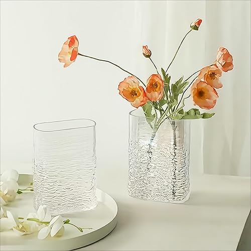 Miniatura 6 de Jarrón de vidrio transparente, jarrón de vidrio para libros de 1.74 libras, diseño único cuadrado de boca ancha y ola oceánica para decoración