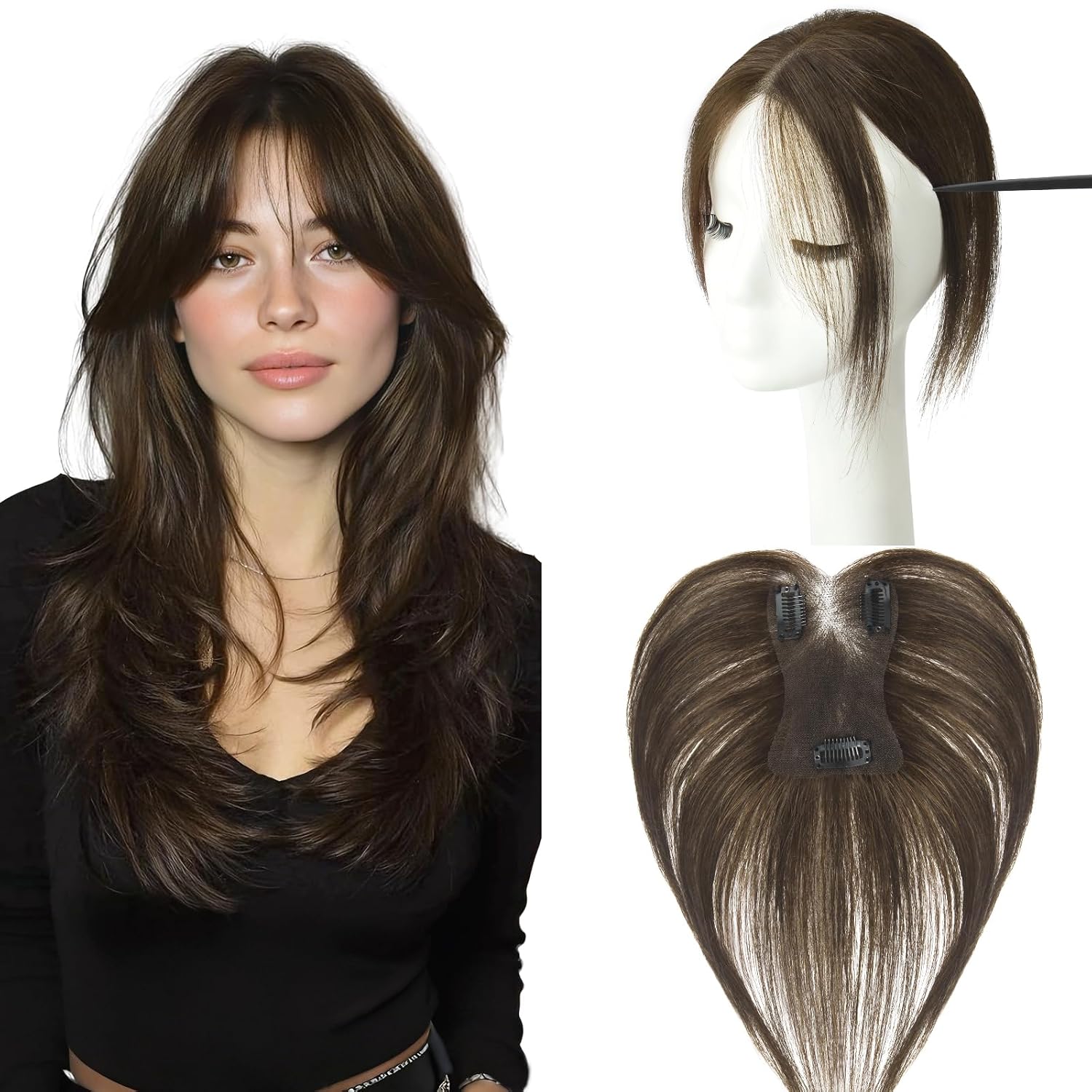 Hair Toppers for Women Real Human Hair, 10inch Clip in Bangs | 15g Invisible Lace Base 2.8x4.5inch, Clip in Bangs Frame Forehead, Cover Thinning Hair, Daily Festival Wear, Baby Hair Bangs