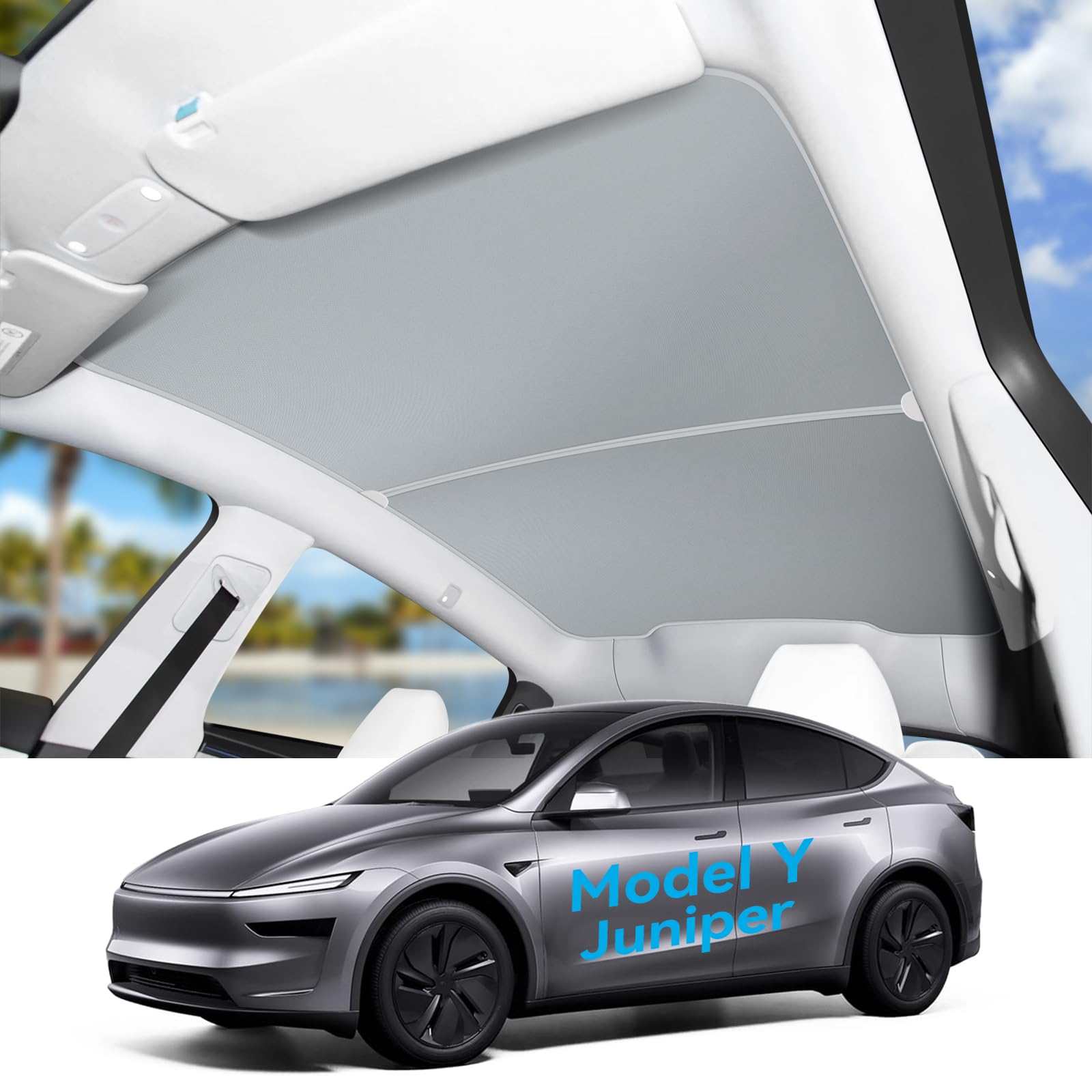 Photo 1 of Farmogo Sunshade Roof for Tesla Model Y Juniper Accessories 2025 2026 [Never Sag, Nano Ice-Crystal Coatings] Thickened Fabric Shading Rate 100% Roof Sunshade for Tesla Model Y Accessories (Gray) 2pcs