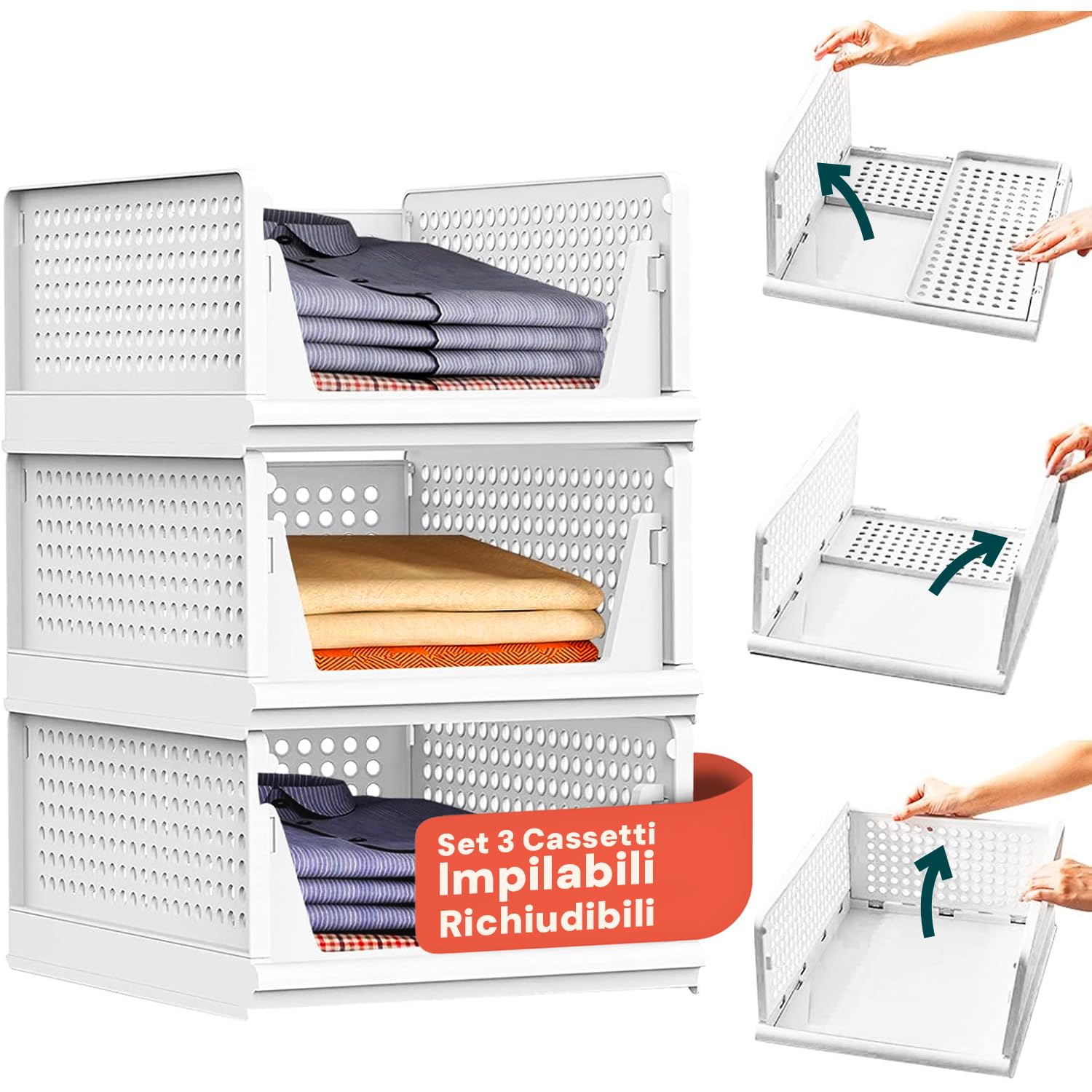 Avilia - Set di 3 Organizer Armadio in Plastica Richiudibili e Impilabili - Cassettiera Salvaspazio da Cucina, Bagno e Camera da Letto, Multiuso e Resistenti
