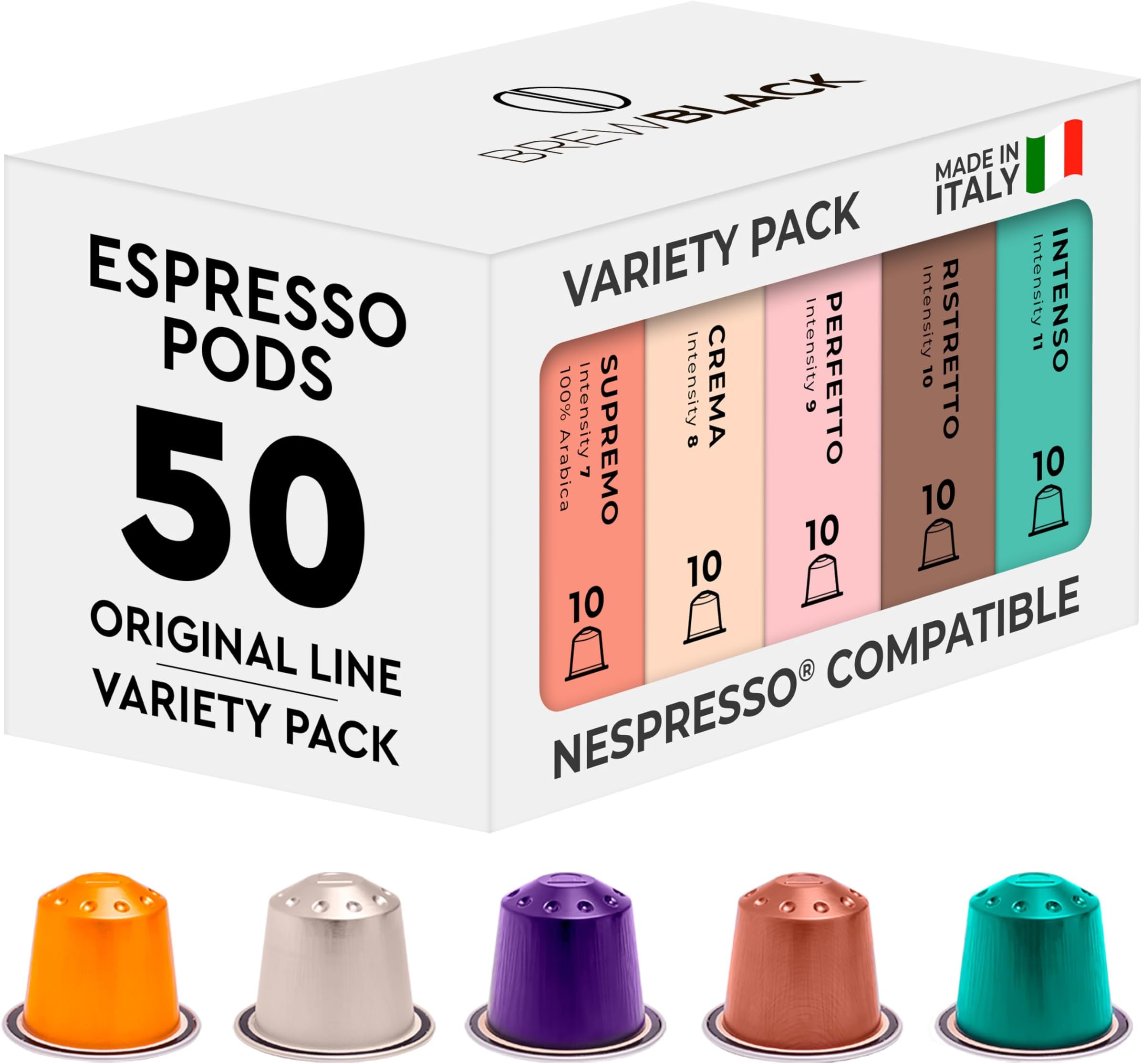 BrewBlack Variety Pack - 50 Aluminium Coffee Pods Compatible with Nespresso Original line - Medium & Dark Roast Coffee Capsules Made in Italy