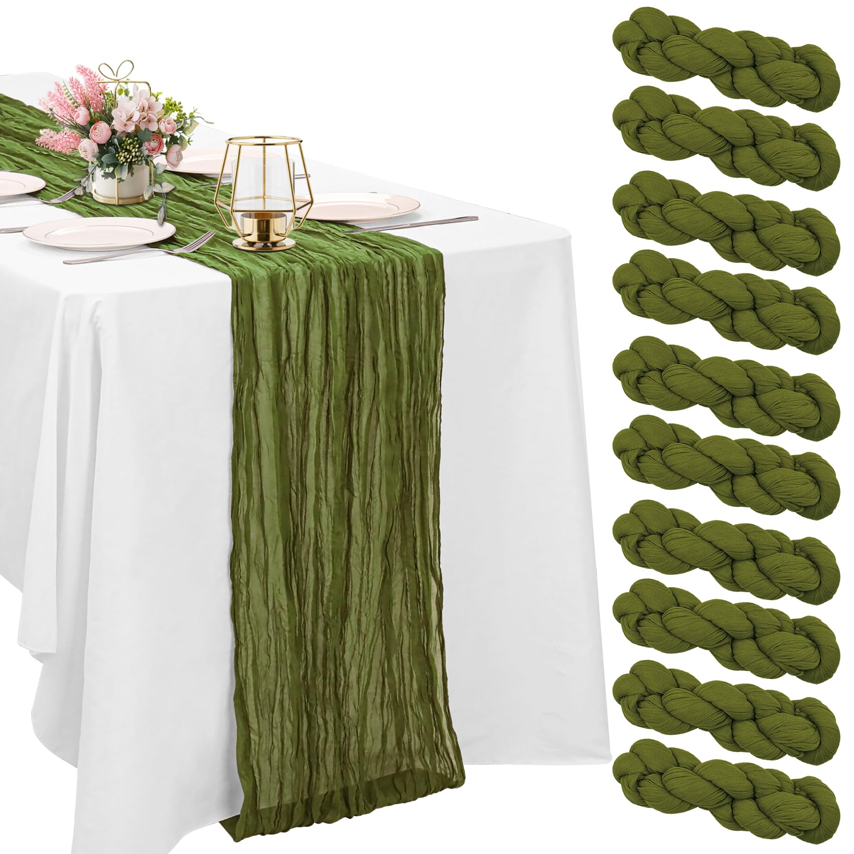 Photo 1 of 10 Pack Olive Green Cheesecloth Table Runner 6FT Boho Gauze Fabric Table Runner Vintage Rustic Sheer Runners for Wedding Party Bridal Baby Shower Long Table Decorations