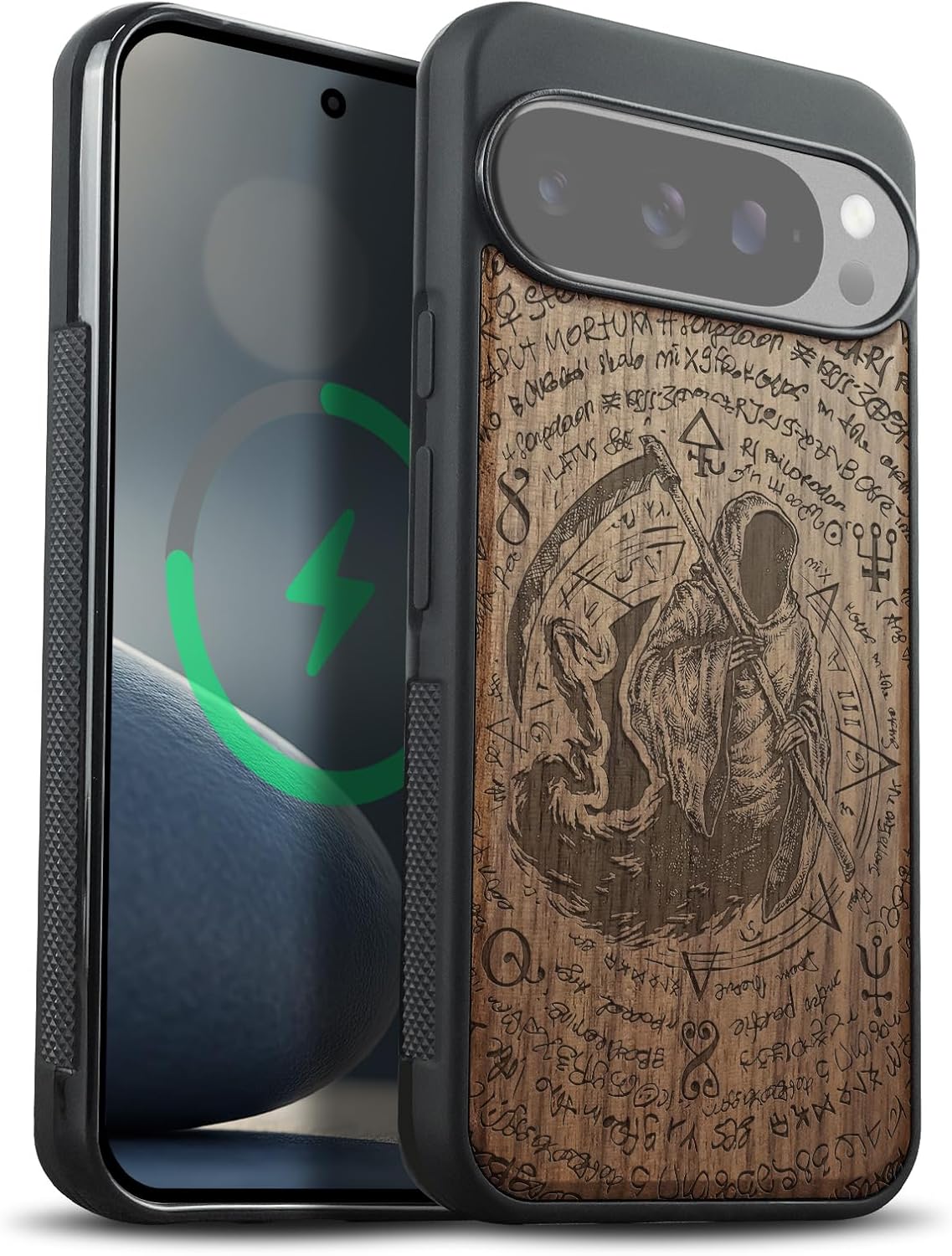 Carveit Magnetic Wooden Case for Google Pixel 10 / Pixel 10 Pro Case, Wood Artisan Engraved & Soft TPU Shockproof Cover, Compatible with MagSafe Wireless Chargers (The Grim Reaper of Carved) Walnut