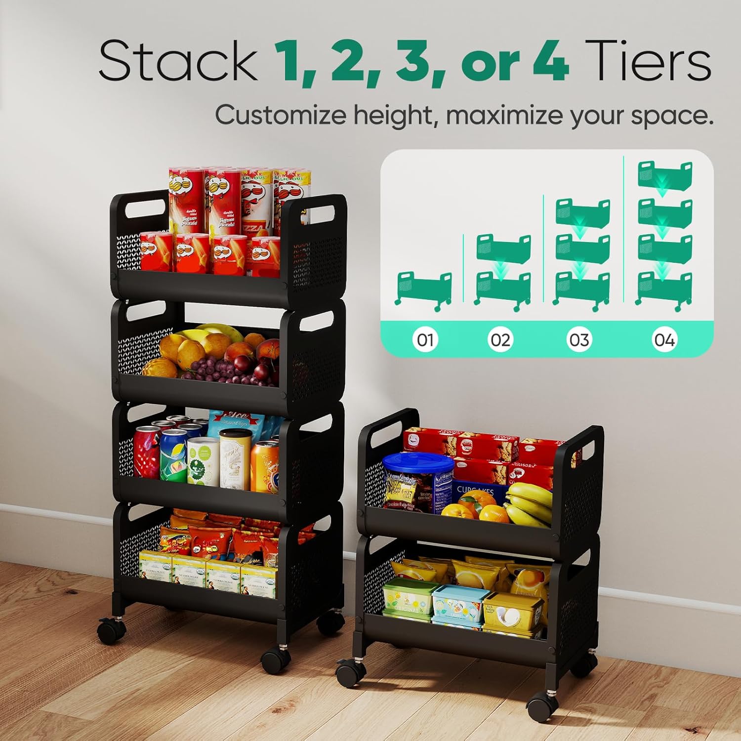 Sekey Fruit Vegetable Basket for Kitchen, 4 Tier Stackable Fruit and Vegetable Storage Cart, Pantry Organizers and Storage, Kitchen Furniture Utility Cart, Snack Rack, Potato and Onion, Black