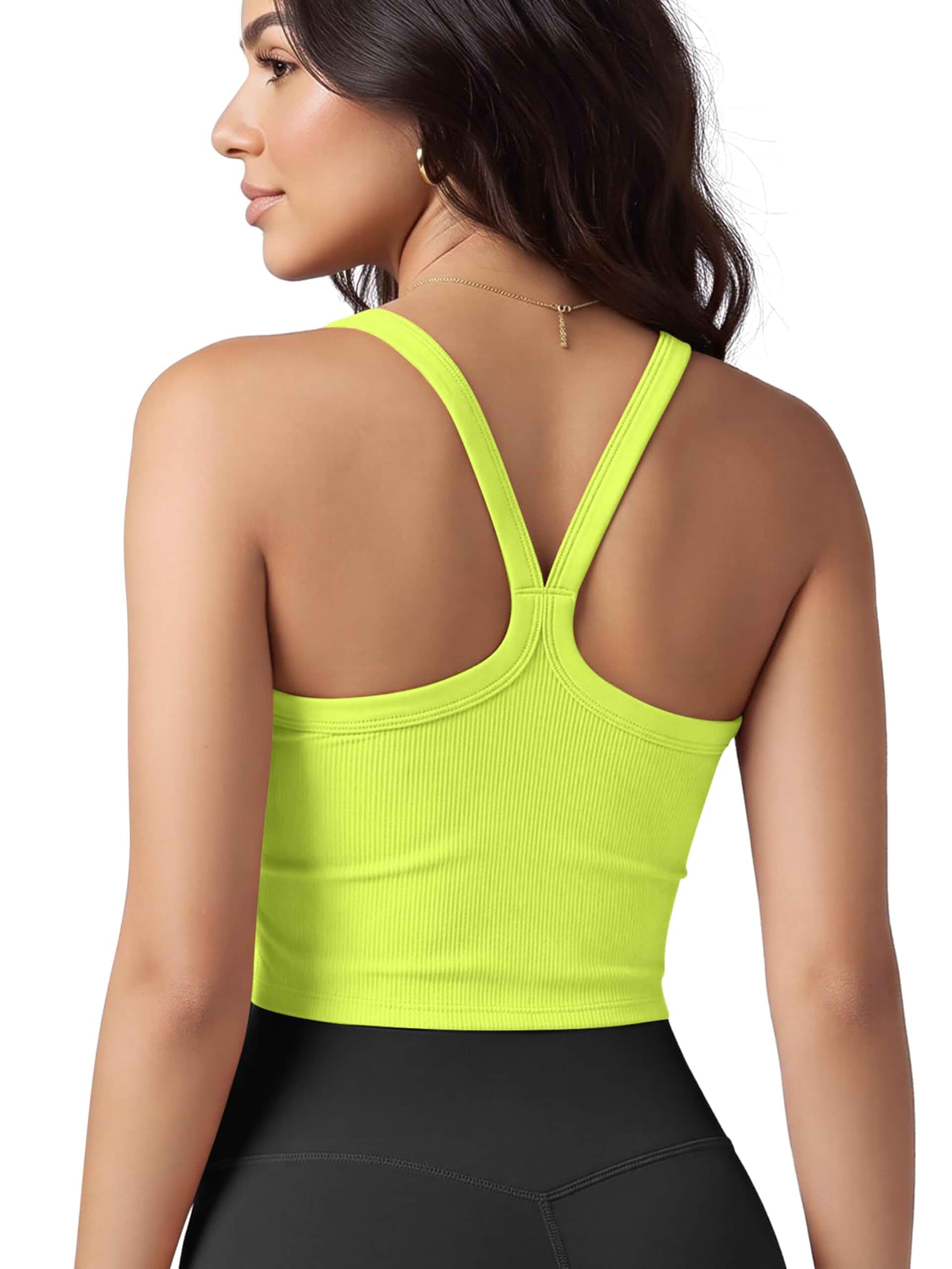 ODODOS Women's Seamless Crop Cami Wide Scoop Neck Ribbed Soft Open Racerback Cropped Tank Slim Fit